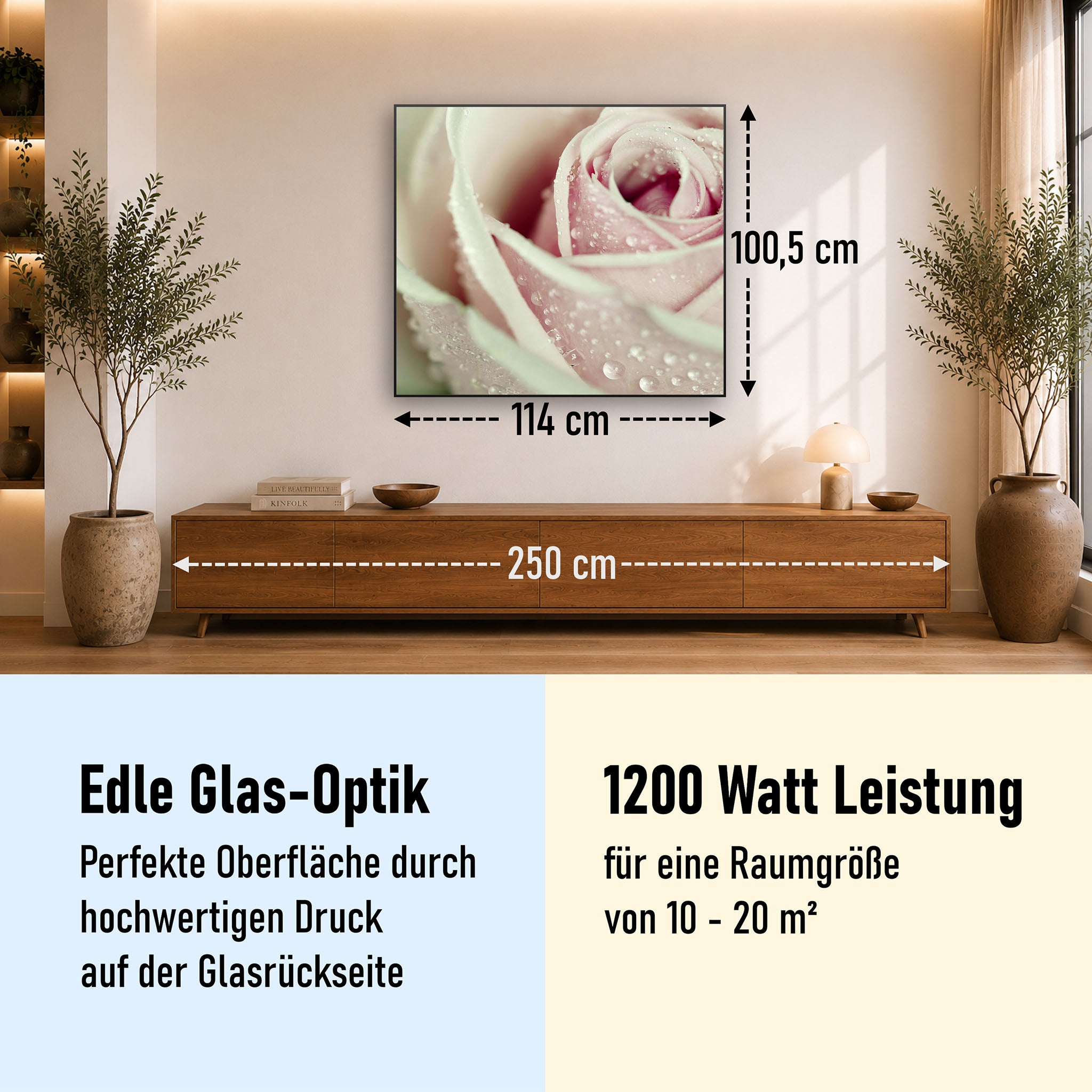 Glas Infrarotheizung 350-1200W Motiv 031 rosa Rose