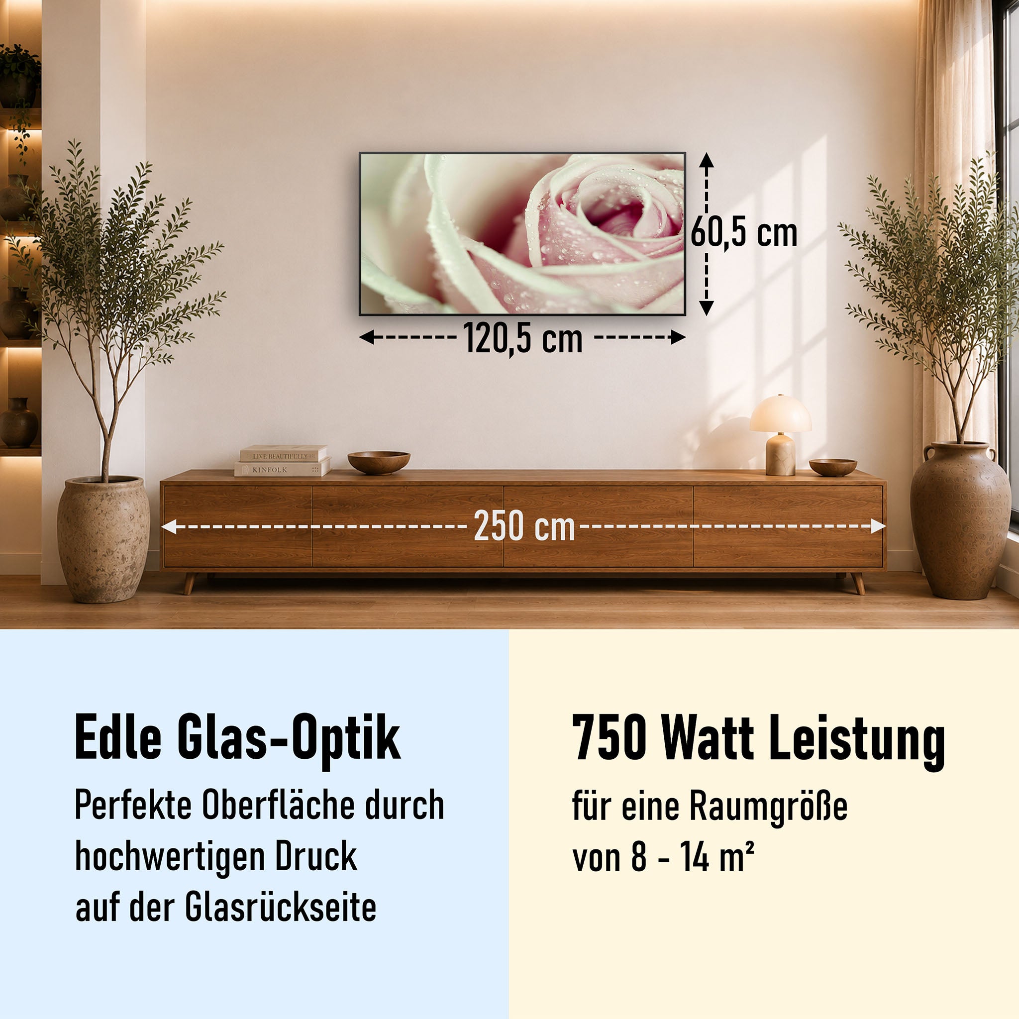 Glas Infrarotheizung 350-1200W Motiv 031 rosa Rose
