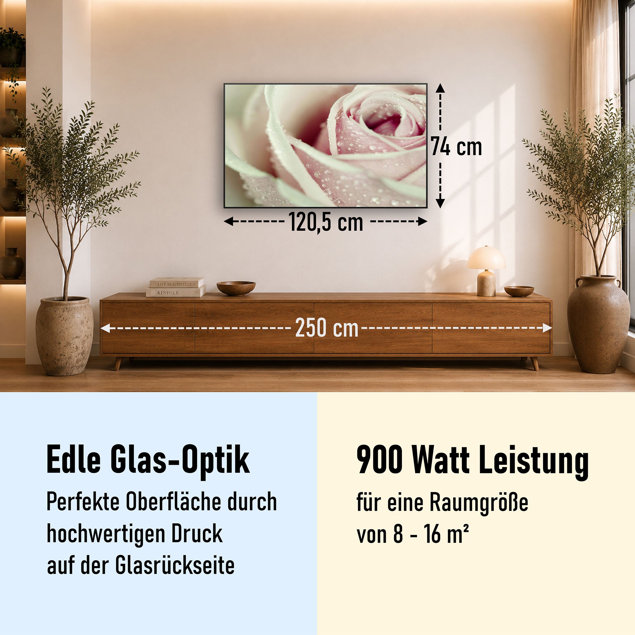 Glas Infrarotheizung 350-1200W Motiv 031 rosa Rose