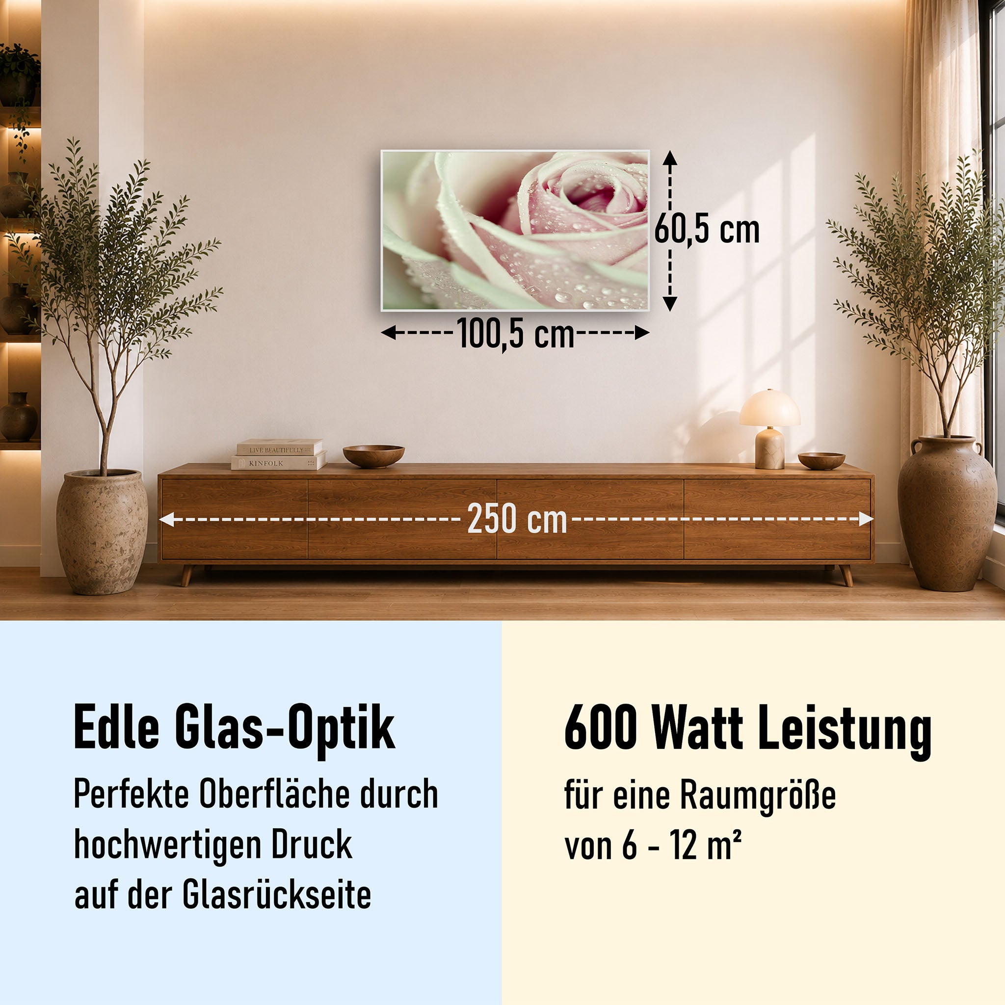 Glas Infrarotheizung 350-1200W Motiv 031 rosa Rose
