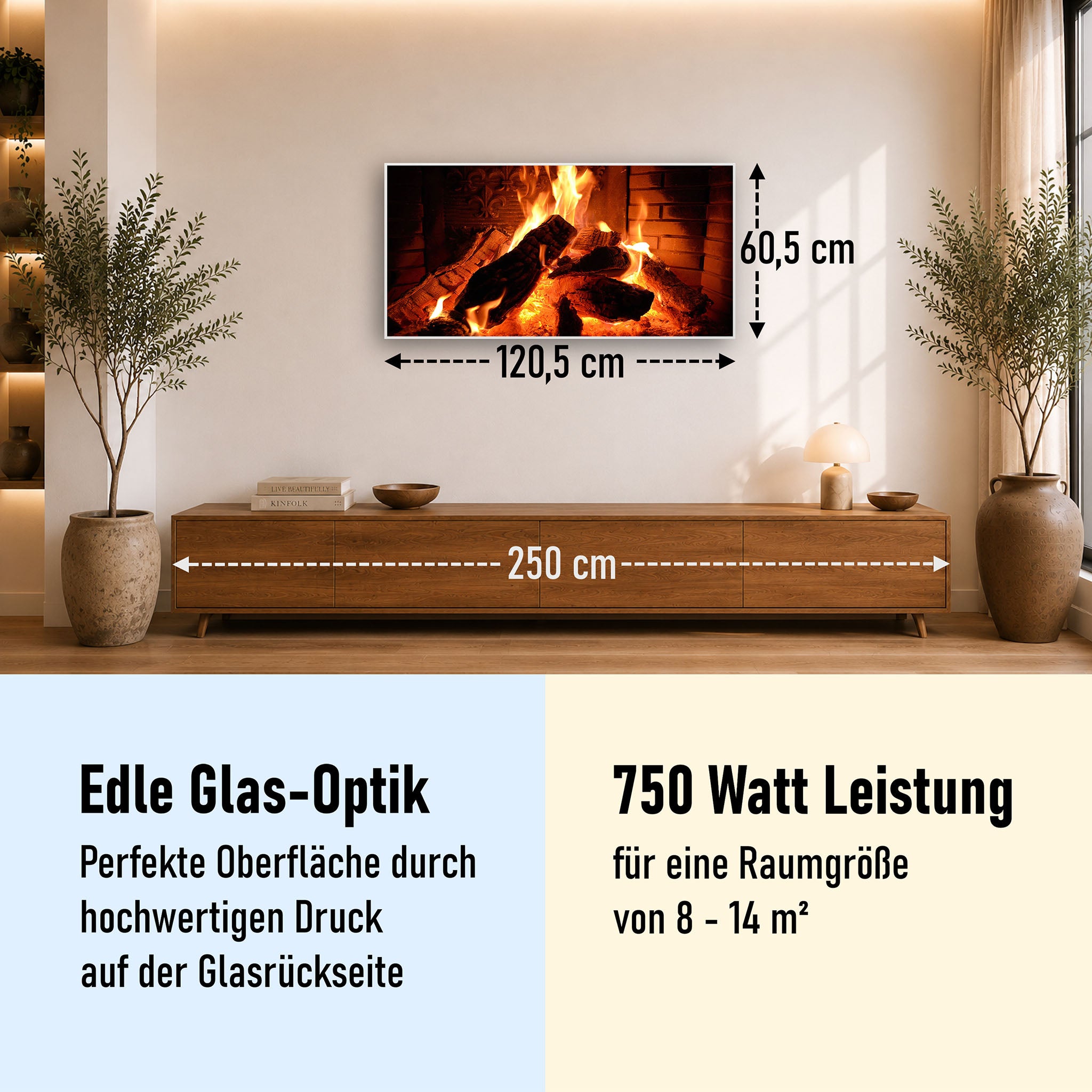 Glas Infrarotheizung 350-1200W Motiv 032 Kaminfeuer