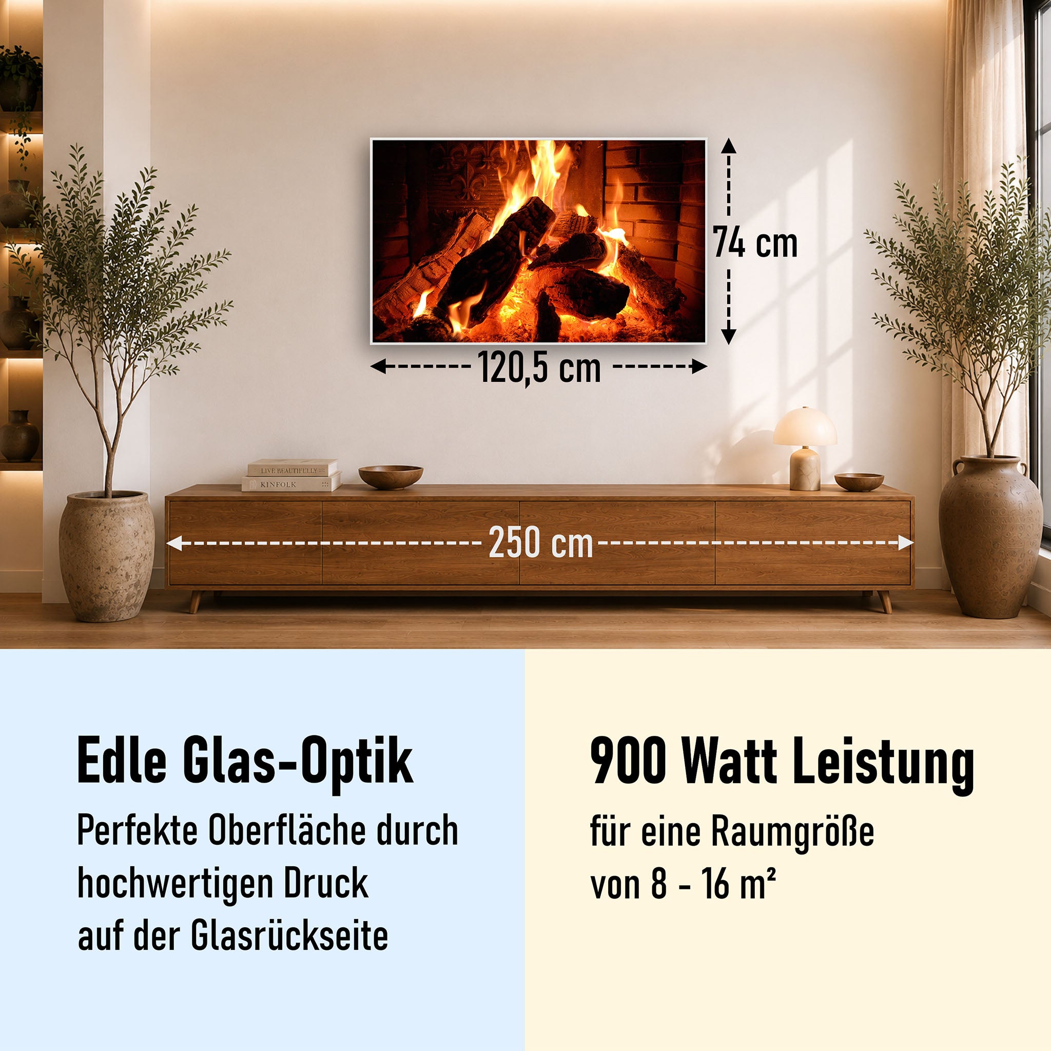 Glas Infrarotheizung 350-1200W Motiv 032 Kaminfeuer