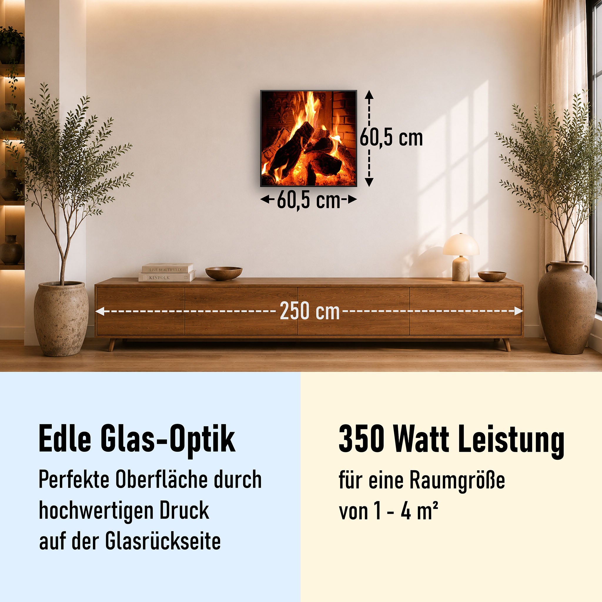 Glas Infrarotheizung 350-1200W Motiv 032 Kaminfeuer