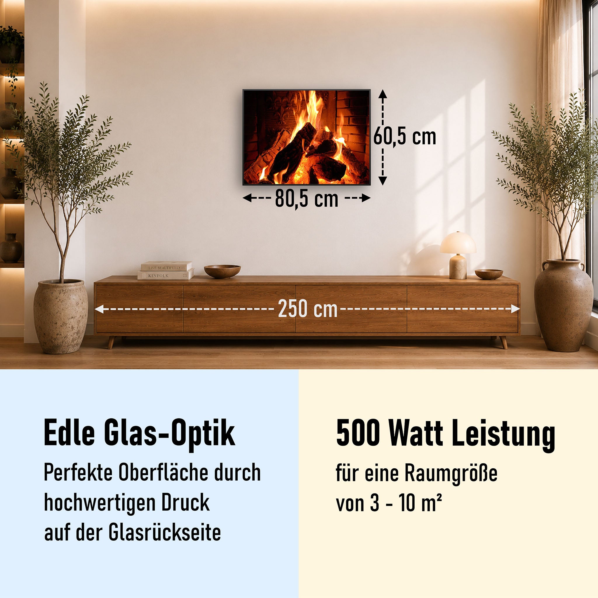 Glas Infrarotheizung 350-1200W Motiv 032 Kaminfeuer