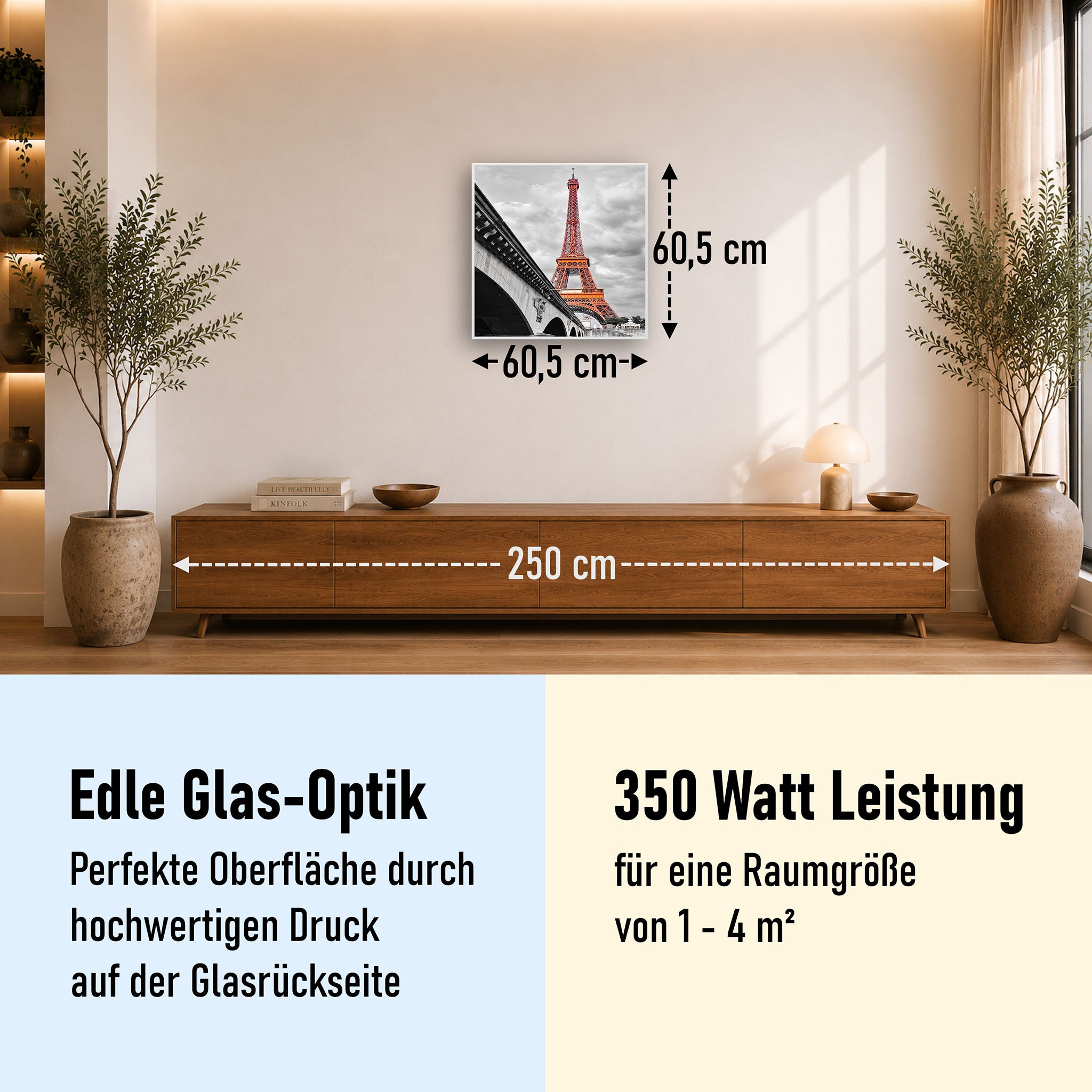 Glas Infrarotheizung 350-1200W Motiv 039H Eiffelturm Rot