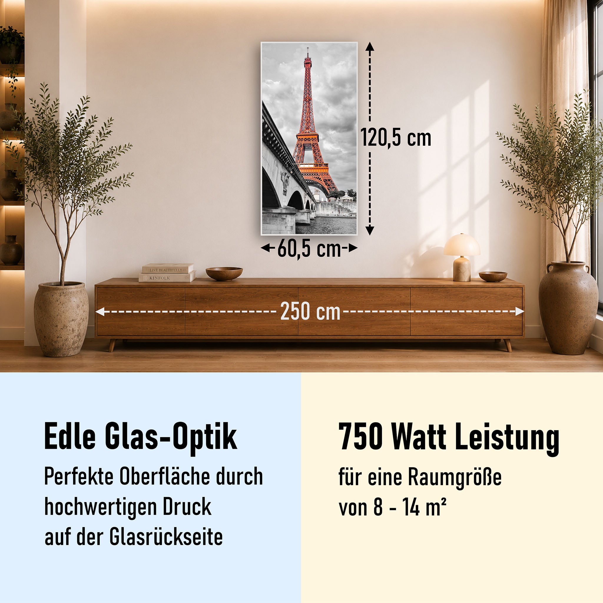 Glas Infrarotheizung 350-1200W Motiv 039H Eiffelturm Rot