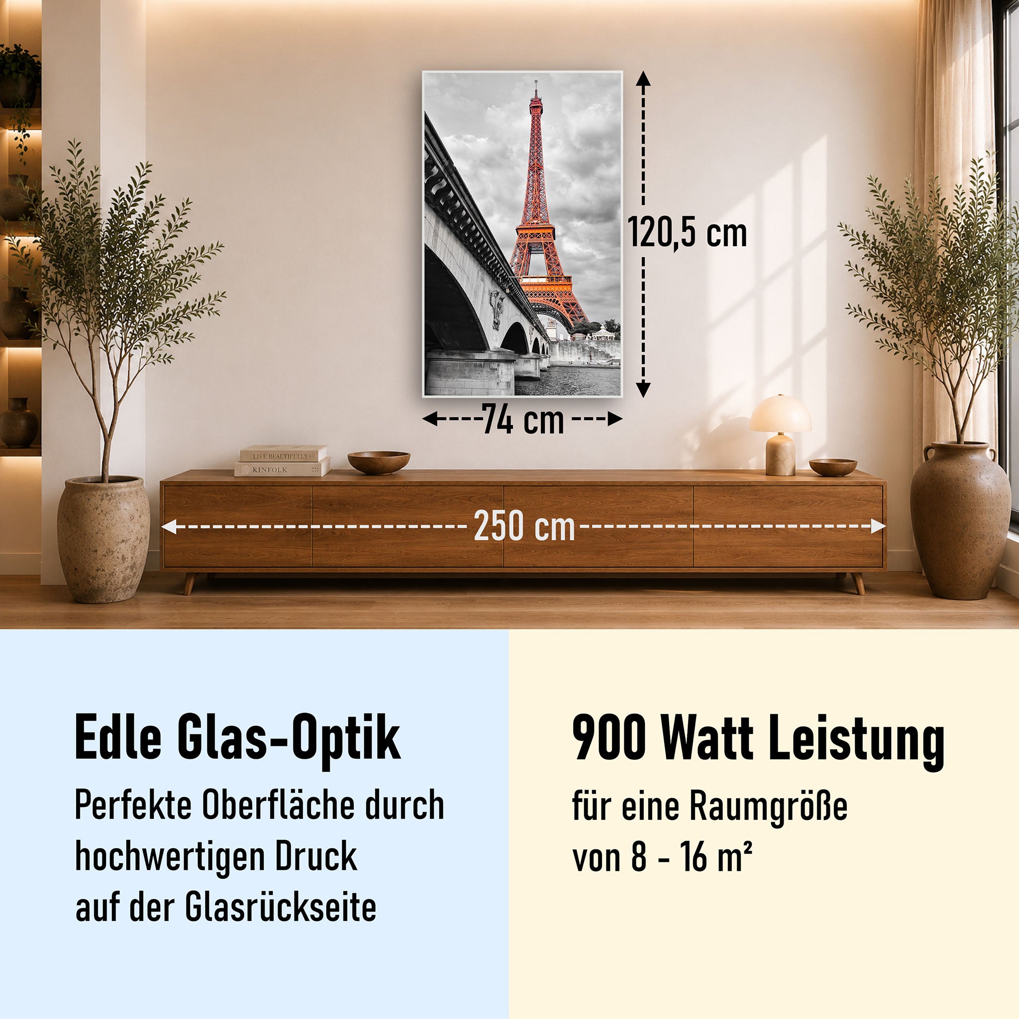 Glas Infrarotheizung 350-1200W Motiv 039H Eiffelturm Rot