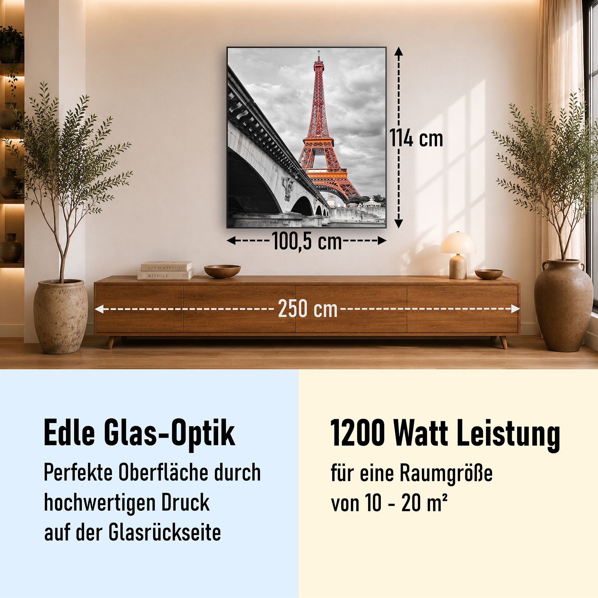 Glas Infrarotheizung 350-1200W Motiv 039H Eiffelturm Rot