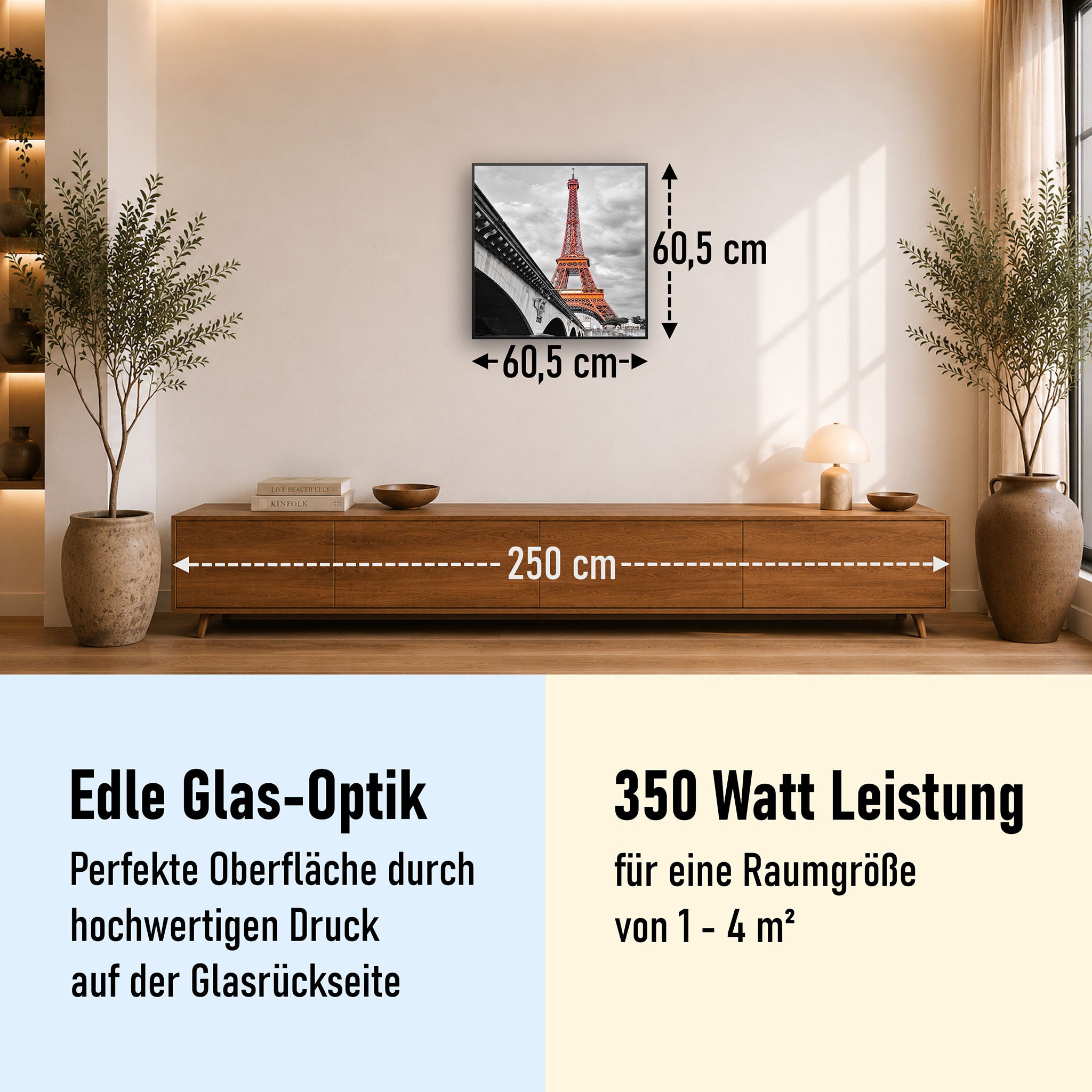Glas Infrarotheizung 350-1200W Motiv 039H Eiffelturm Rot