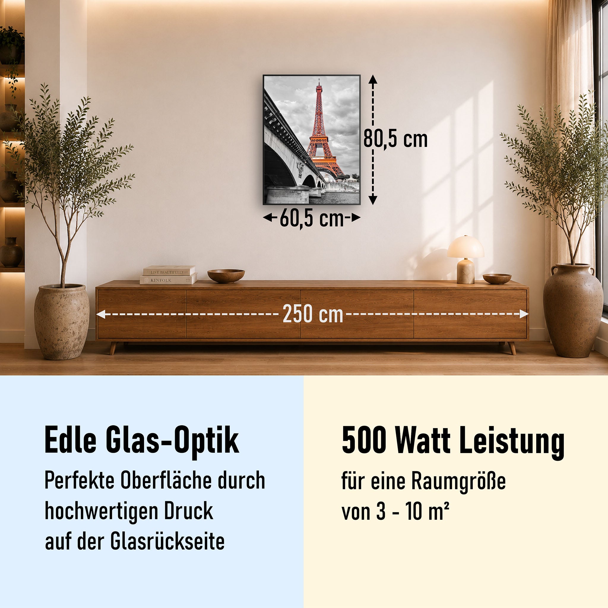 Glas Infrarotheizung 350-1200W Motiv 039H Eiffelturm Rot