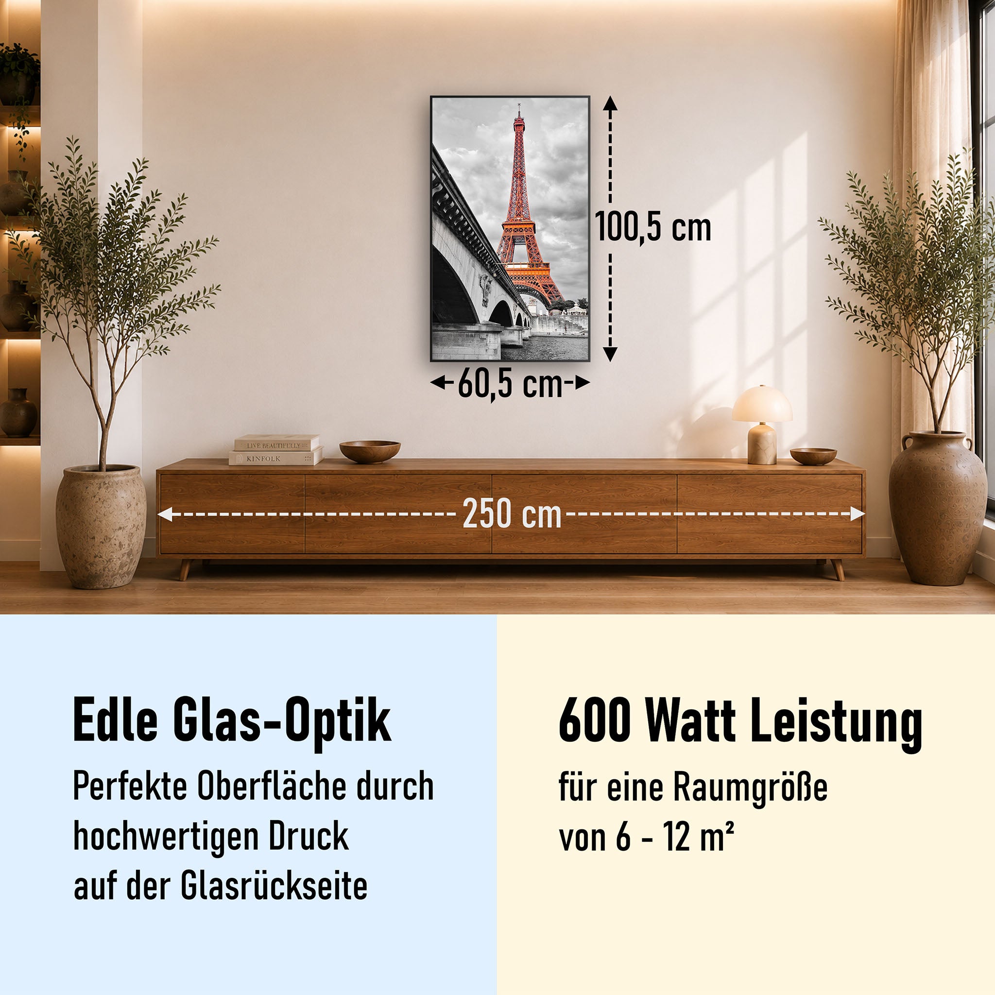 Glas Infrarotheizung 350-1200W Motiv 039H Eiffelturm Rot