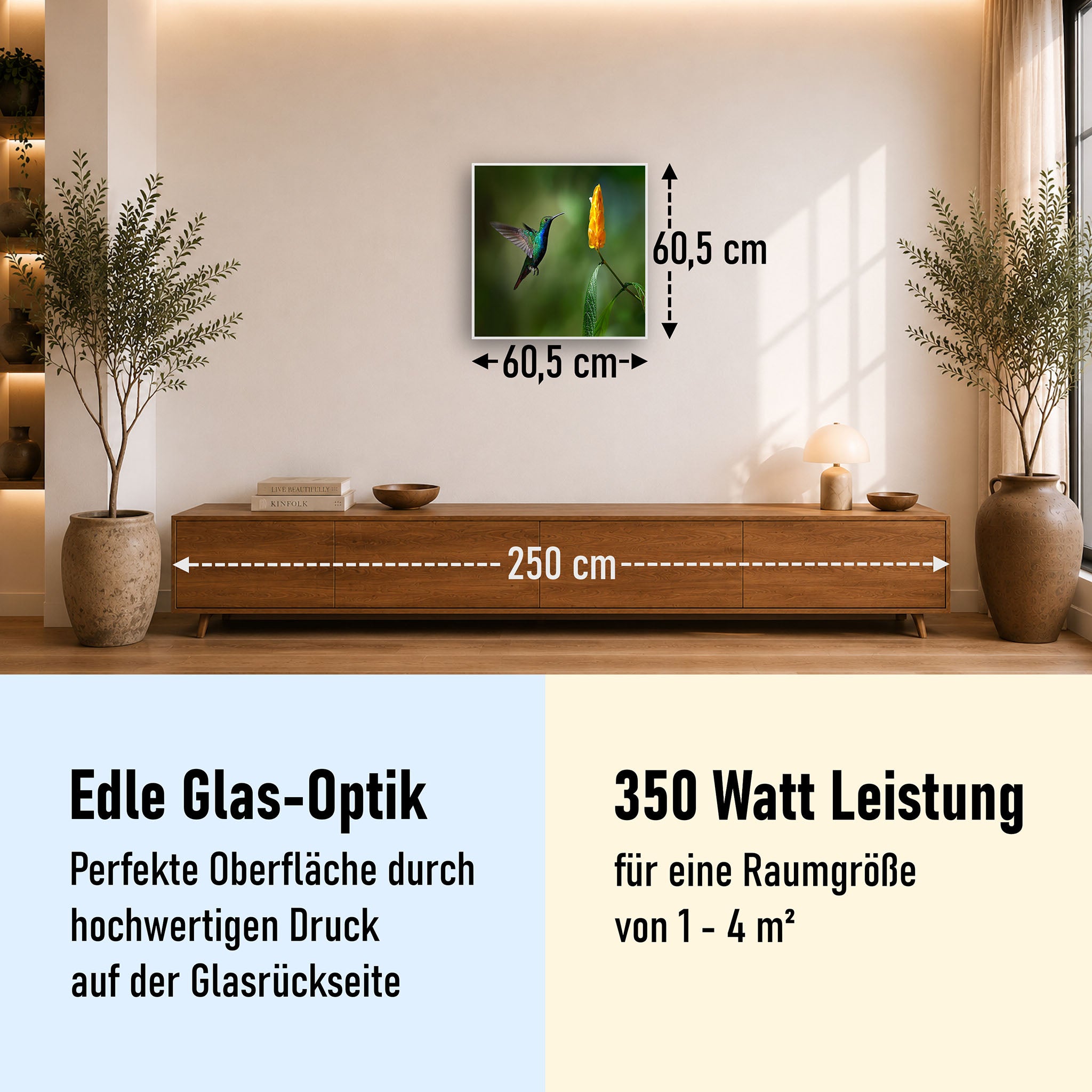 Glas Infrarotheizung 350-1200W Motiv 048 Kolibri