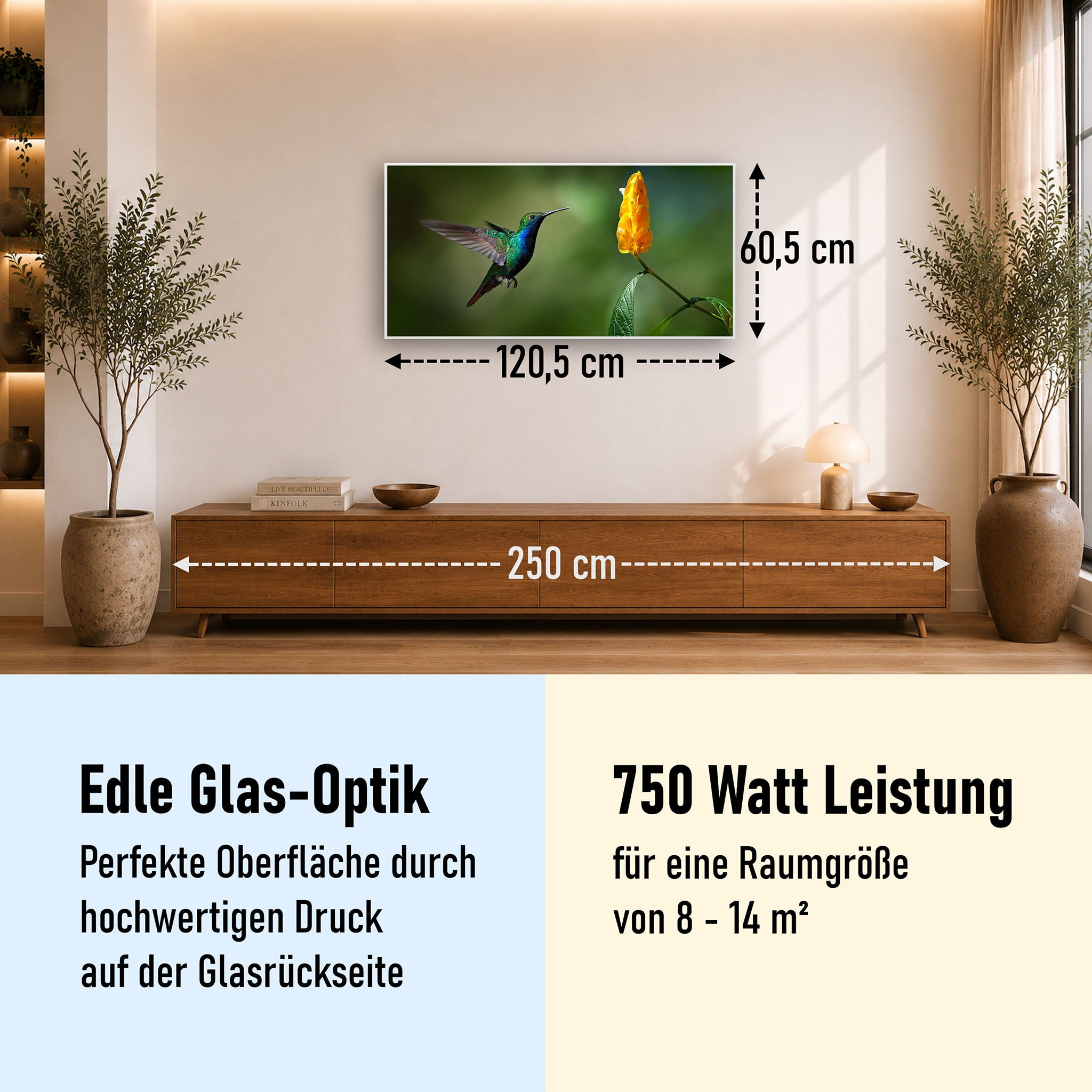 Glas Infrarotheizung 350-1200W Motiv 048 Kolibri