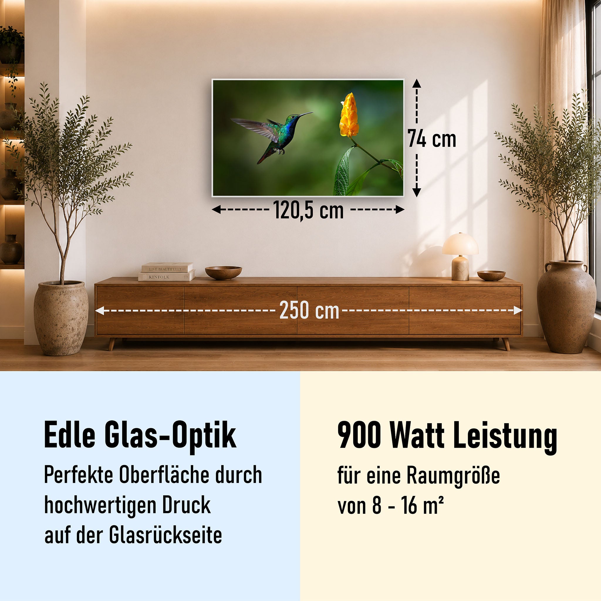 Glas Infrarotheizung 350-1200W Motiv 048 Kolibri