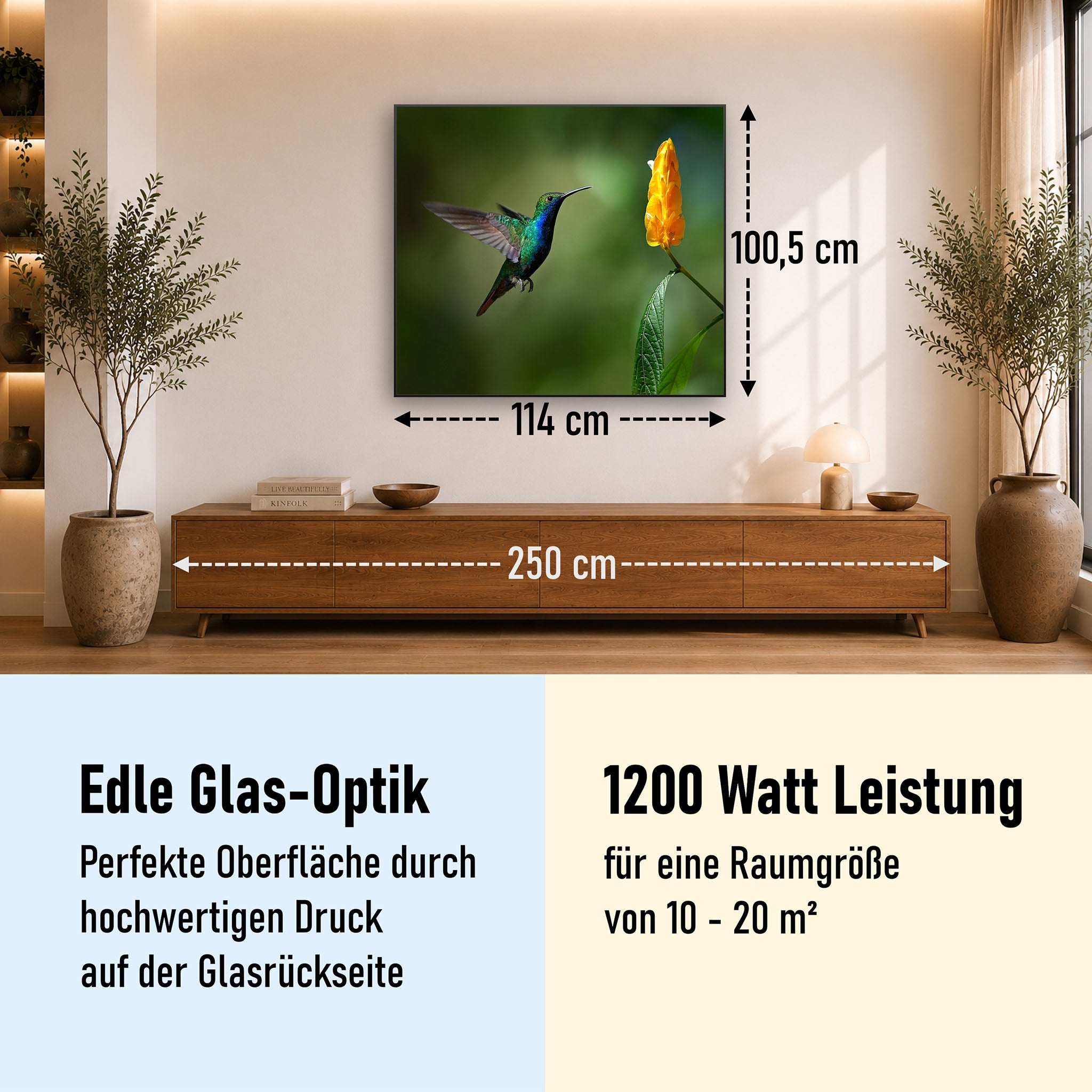 Glas Infrarotheizung 350-1200W Motiv 048 Kolibri