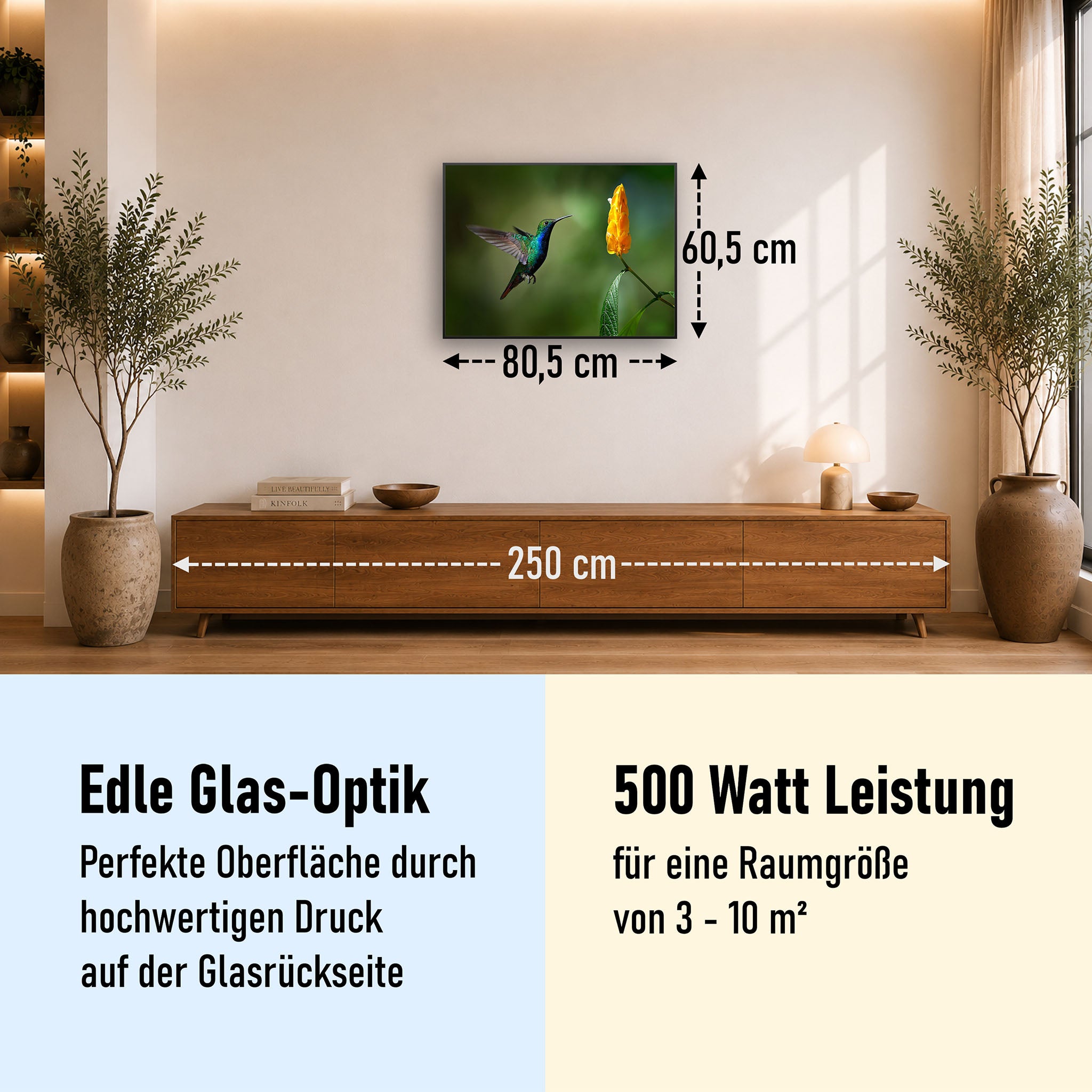 Glas Infrarotheizung 350-1200W Motiv 048 Kolibri