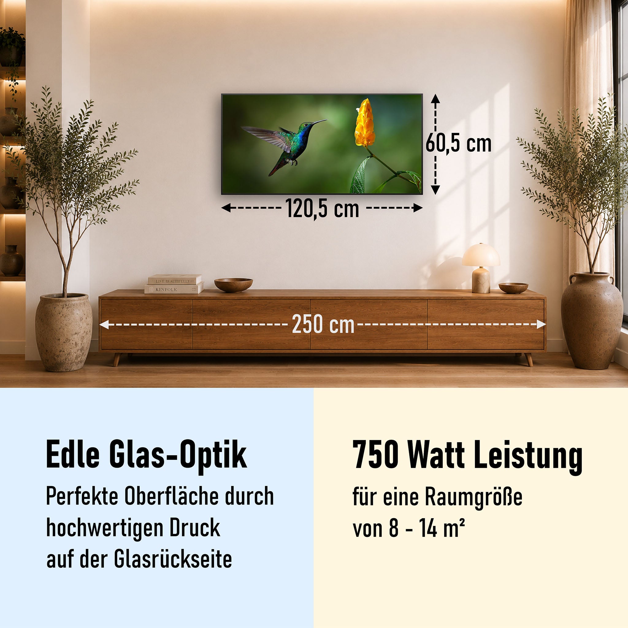 Glas Infrarotheizung 350-1200W Motiv 048 Kolibri
