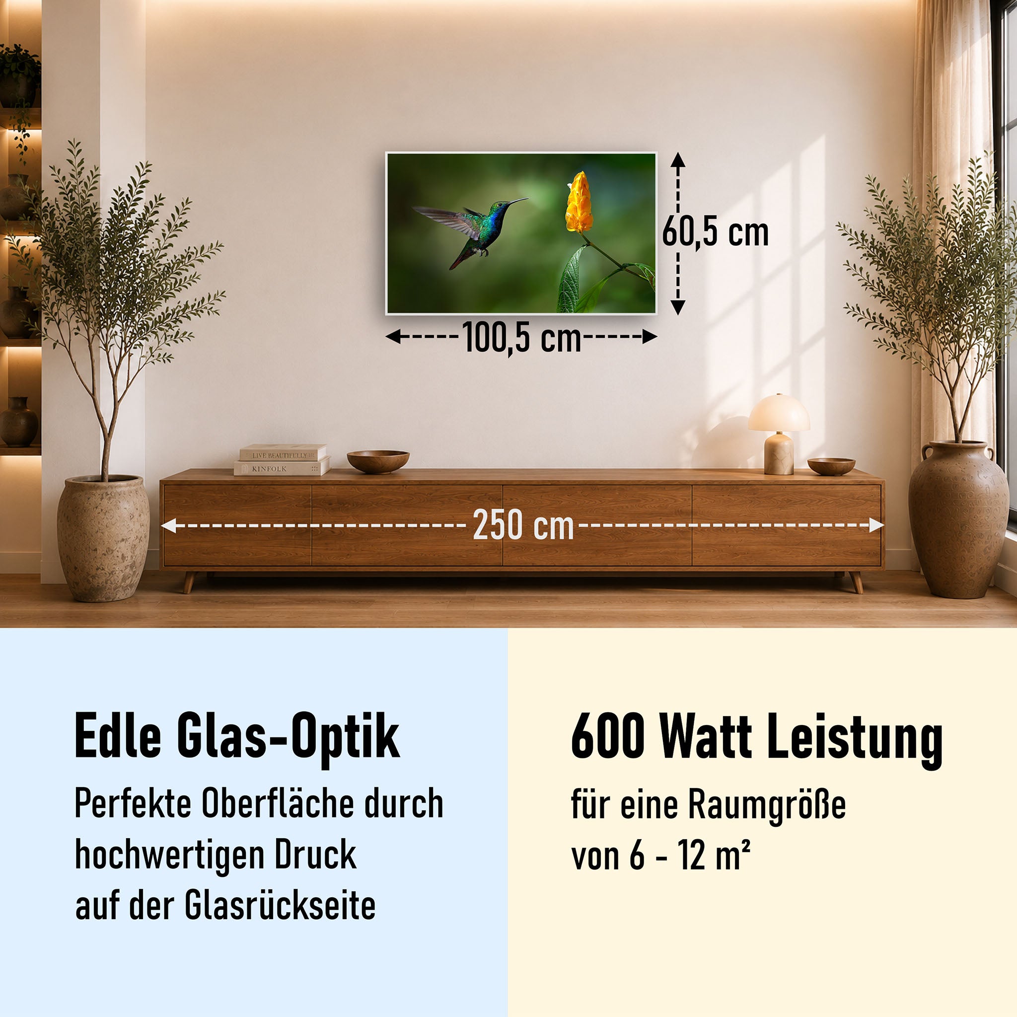 Glas Infrarotheizung 350-1200W Motiv 048 Kolibri
