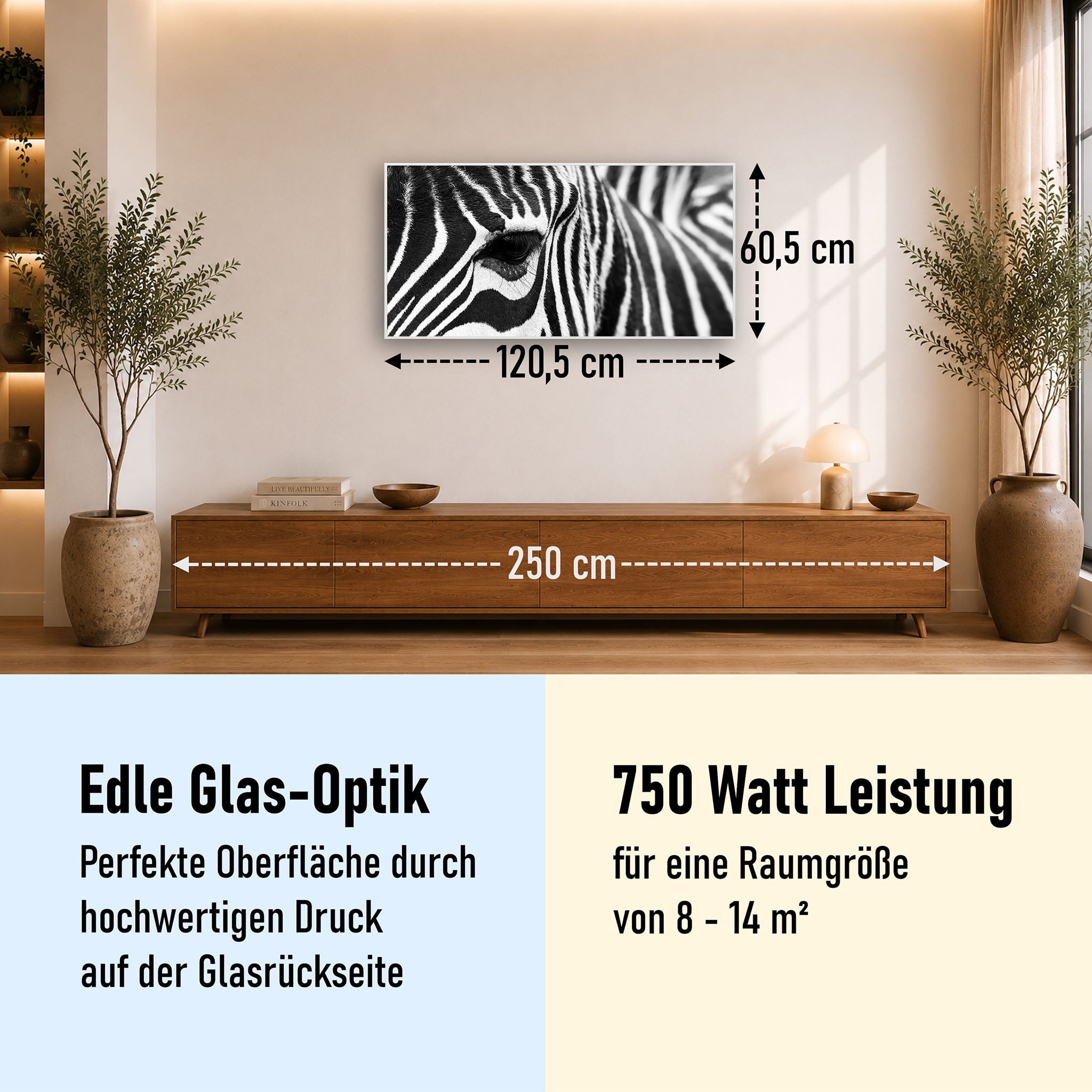 Glas Infrarotheizung 350-1200W Motiv 050 Zebra