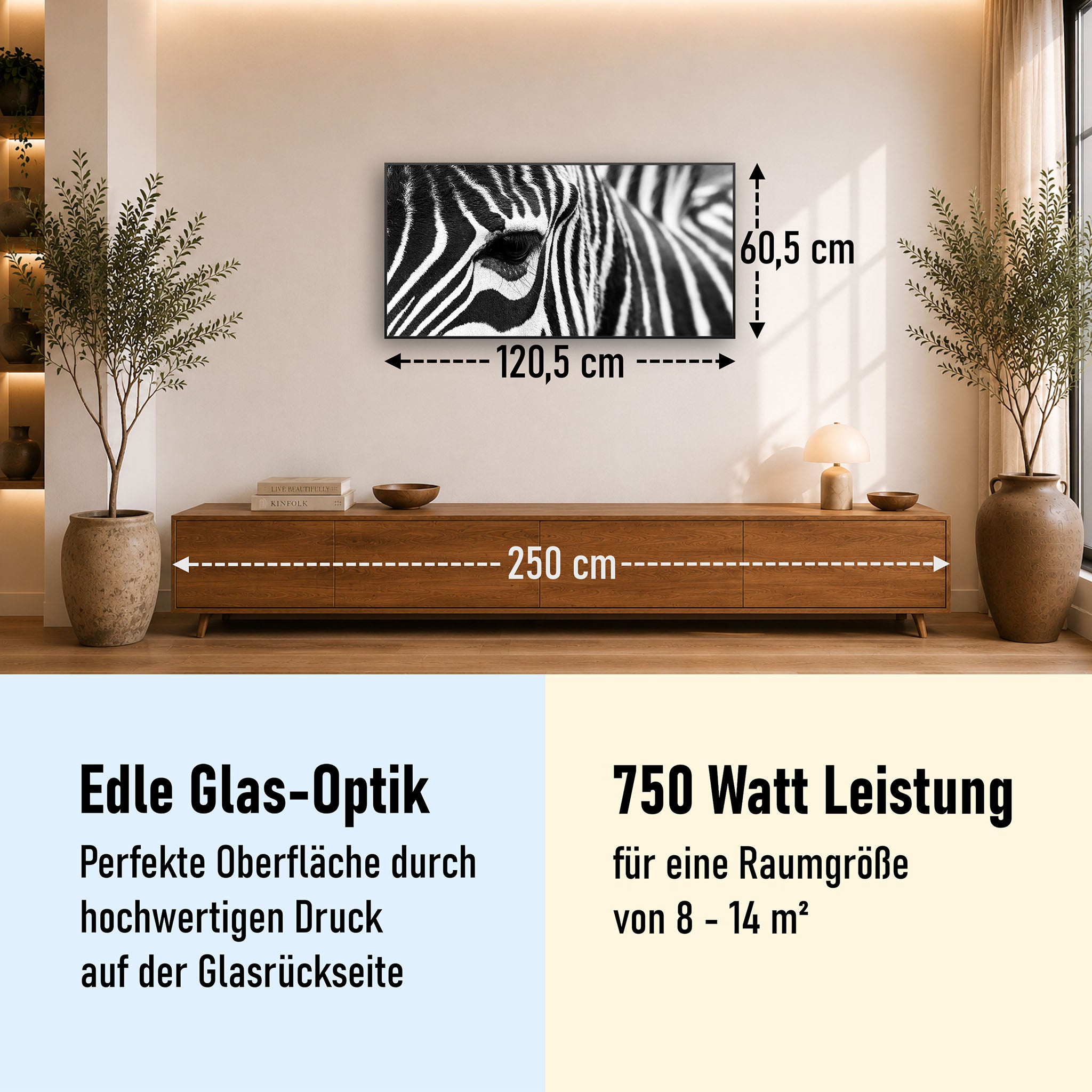 Glas Infrarotheizung 350-1200W Motiv 050 Zebra