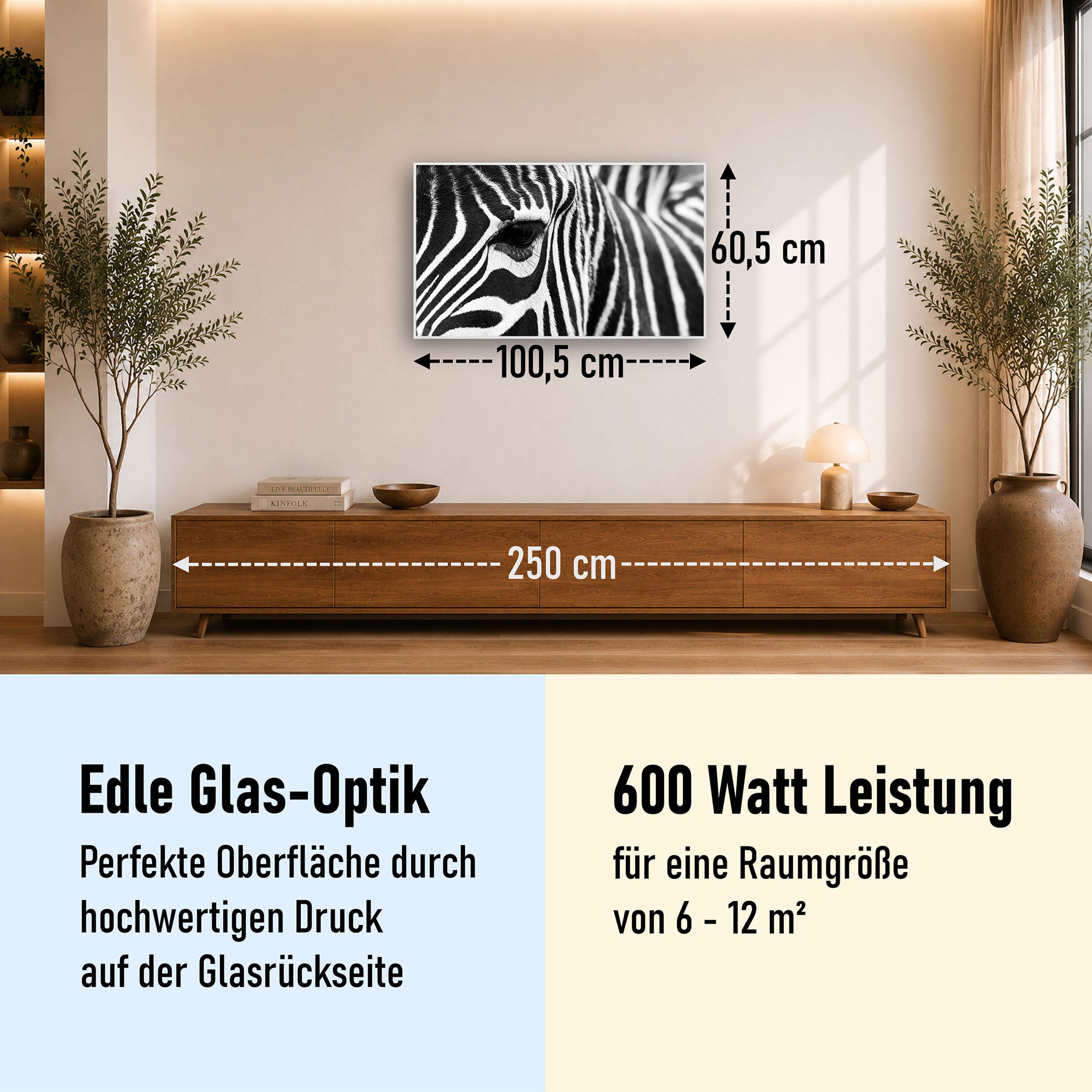 Glas Infrarotheizung 350-1200W Motiv 050 Zebra