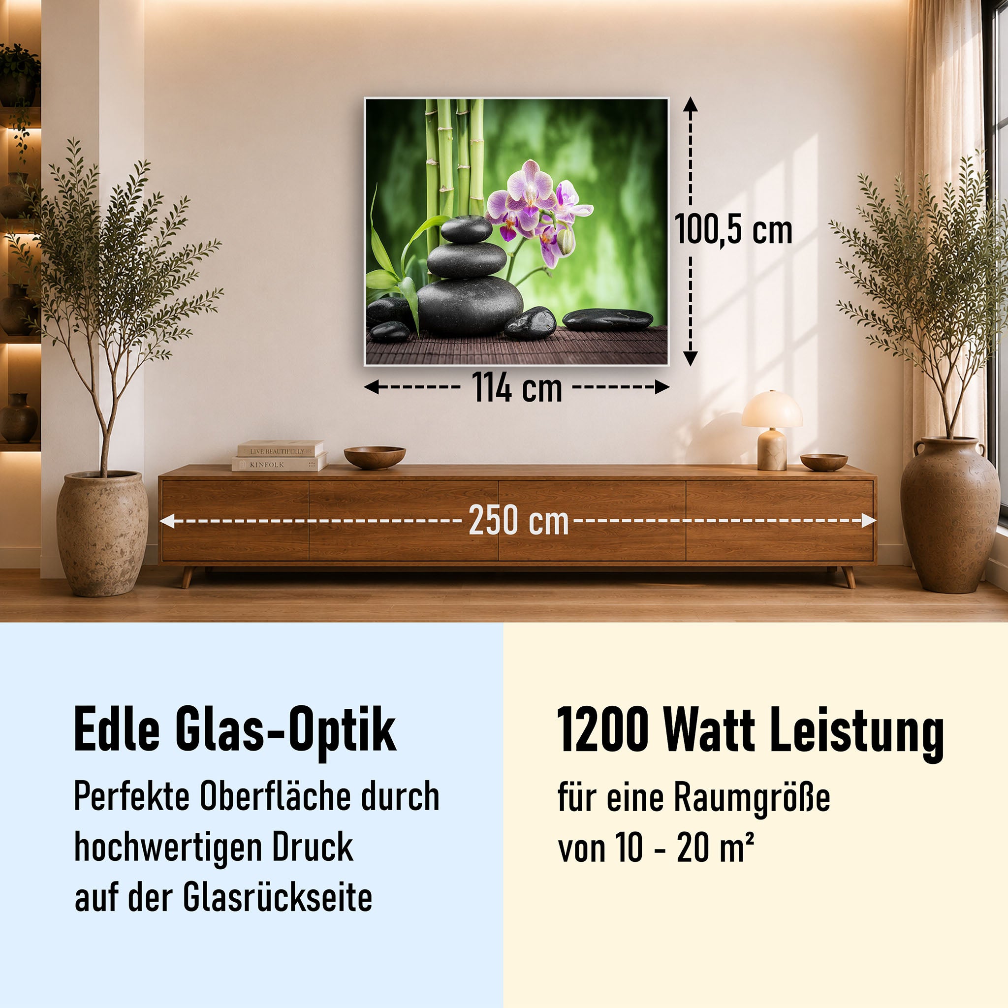 Glas Infrarotheizung 350-1200W Motiv 055 Zen Basaltsteinen