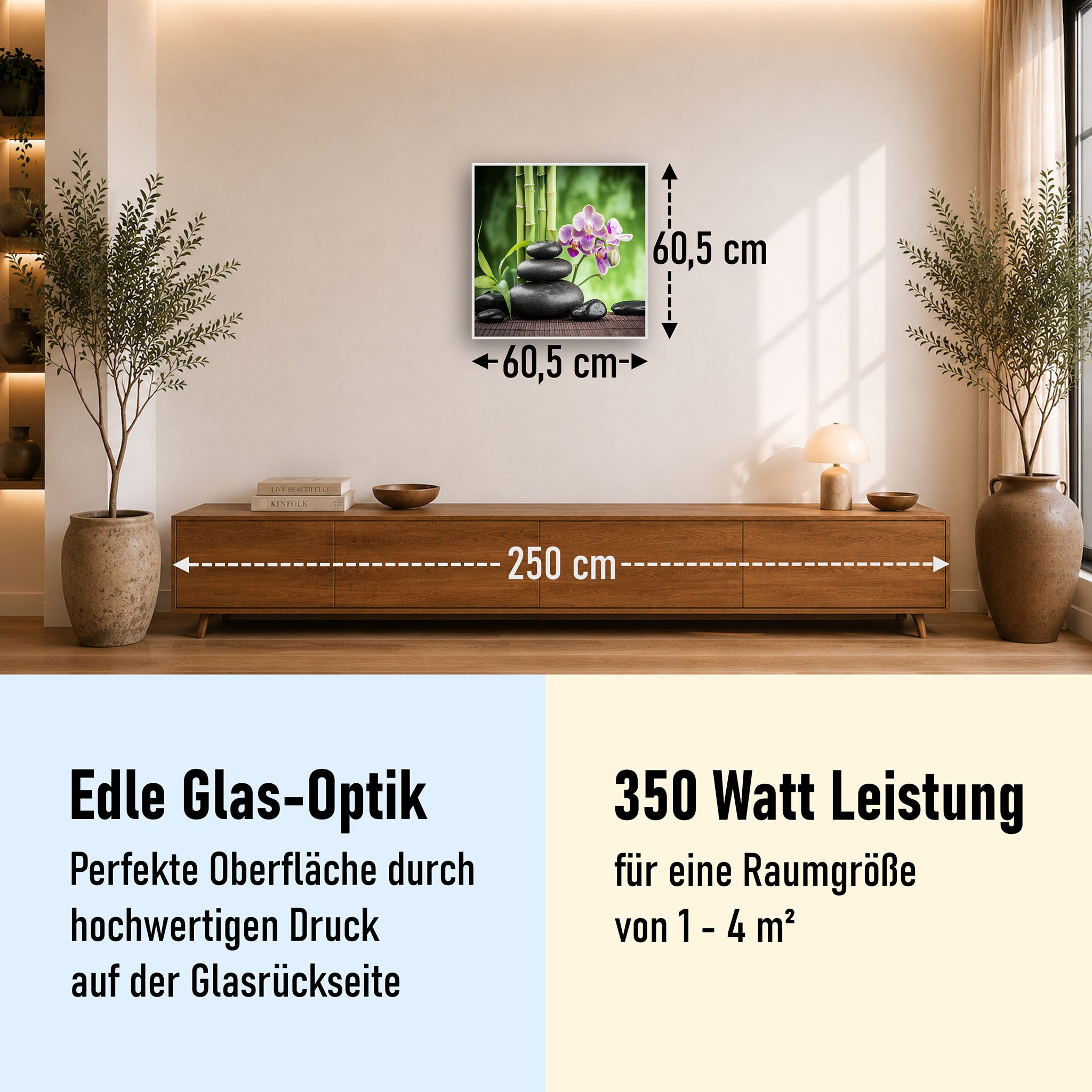 Glas Infrarotheizung 350-1200W Motiv 055 Zen Basaltsteinen