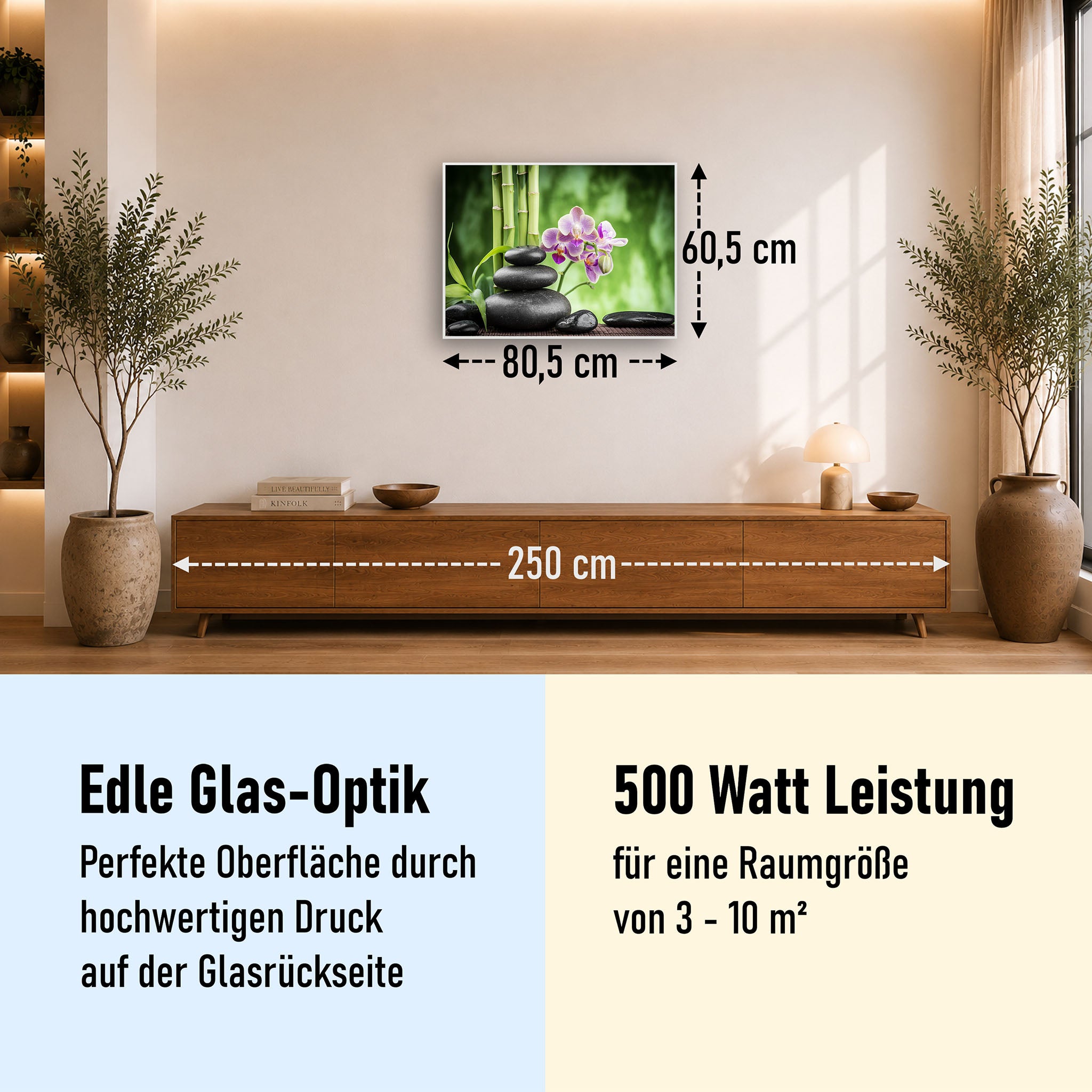 Glas Infrarotheizung 350-1200W Motiv 055 Zen Basaltsteinen