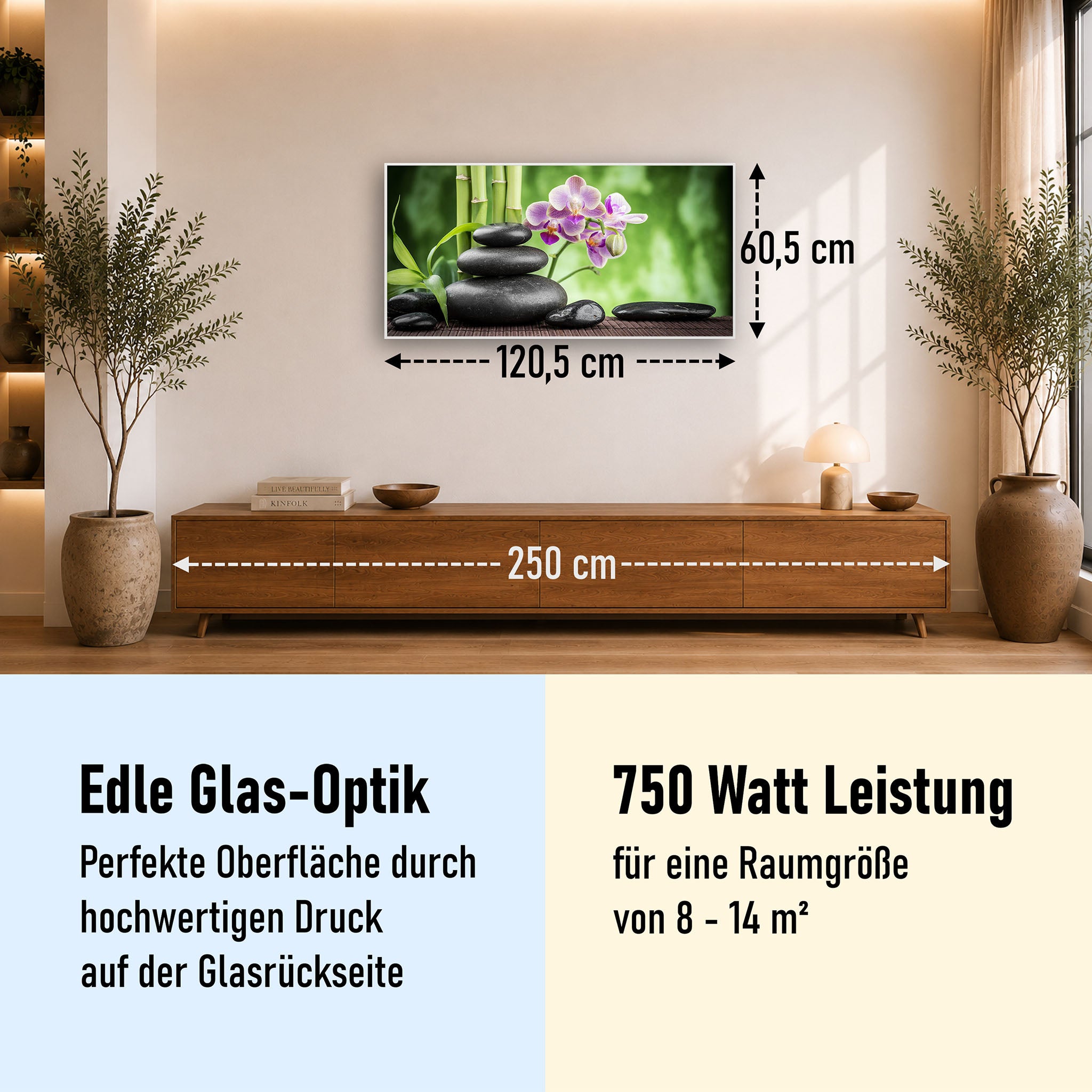 Glas Infrarotheizung 350-1200W Motiv 055 Zen Basaltsteinen