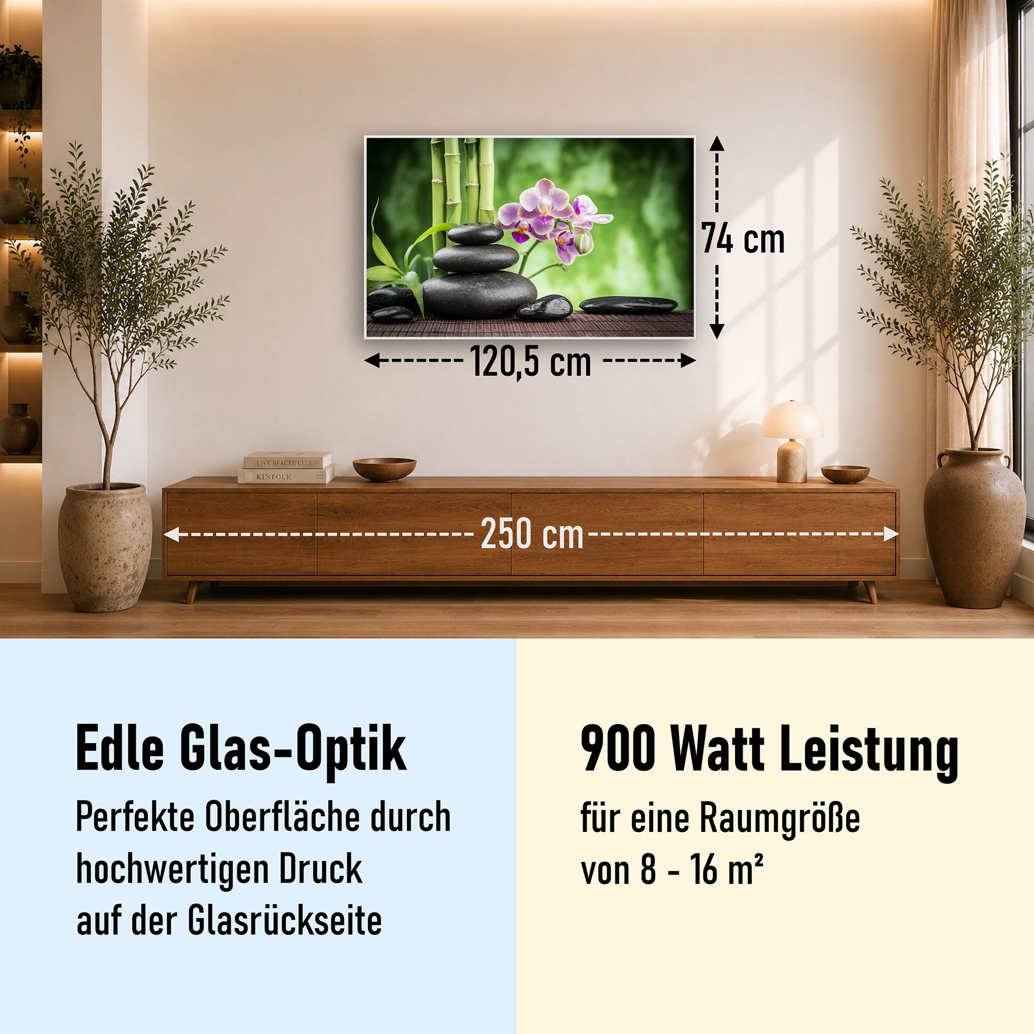 Glas Infrarotheizung 350-1200W Motiv 055 Zen Basaltsteinen