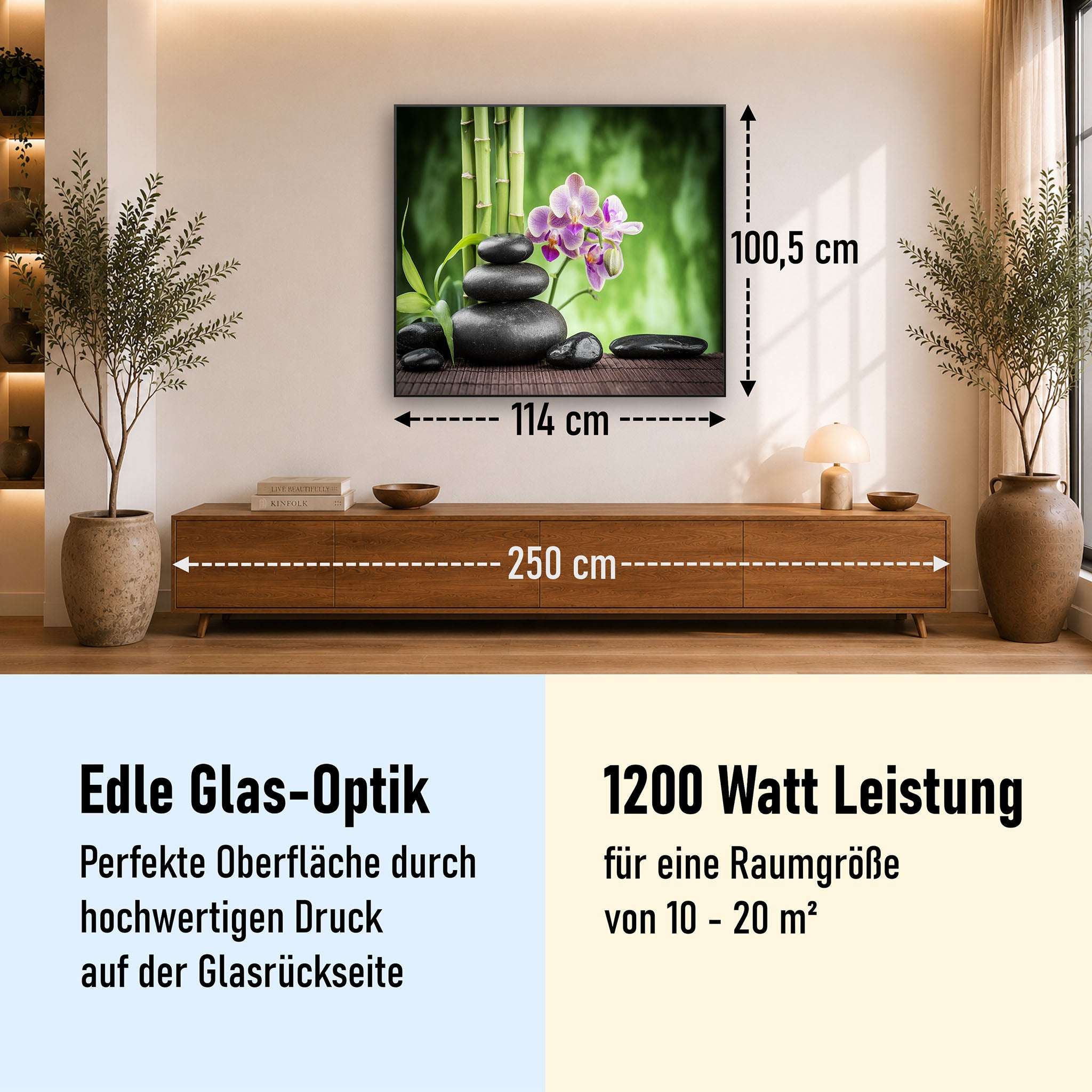 Glas Infrarotheizung 350-1200W Motiv 055 Zen Basaltsteinen