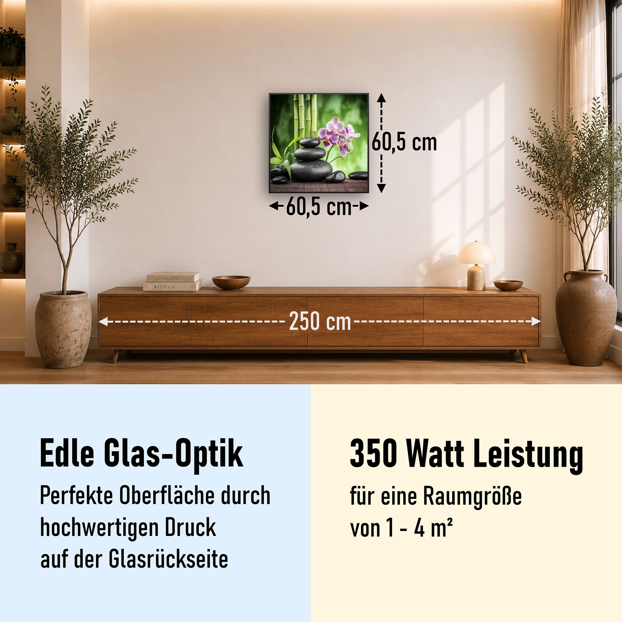 Glas Infrarotheizung 350-1200W Motiv 055 Zen Basaltsteinen