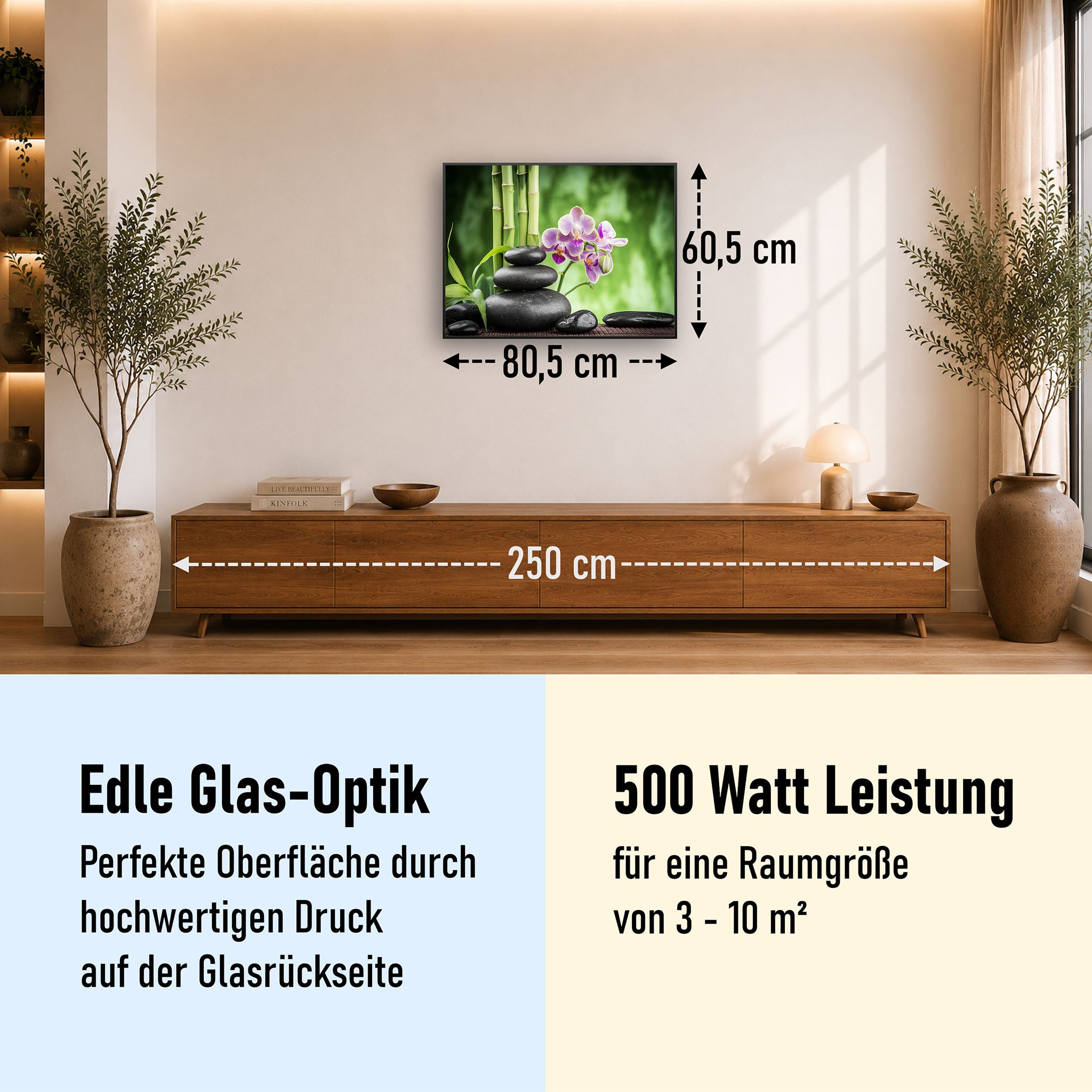 Glas Infrarotheizung 350-1200W Motiv 055 Zen Basaltsteinen