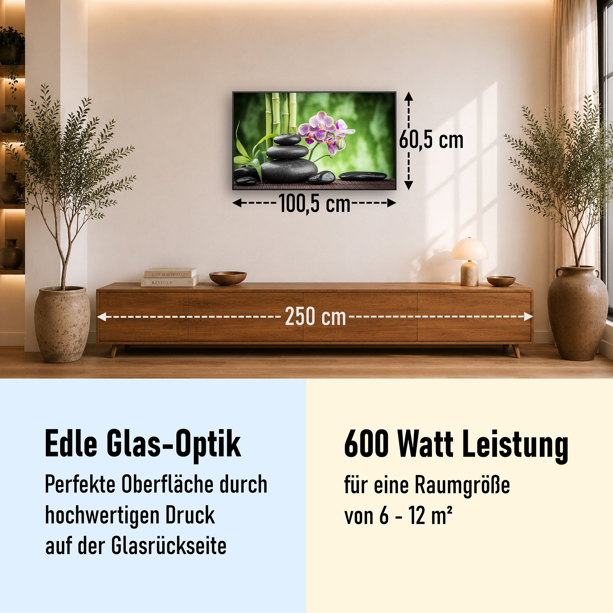Glas Infrarotheizung 350-1200W Motiv 055 Zen Basaltsteinen