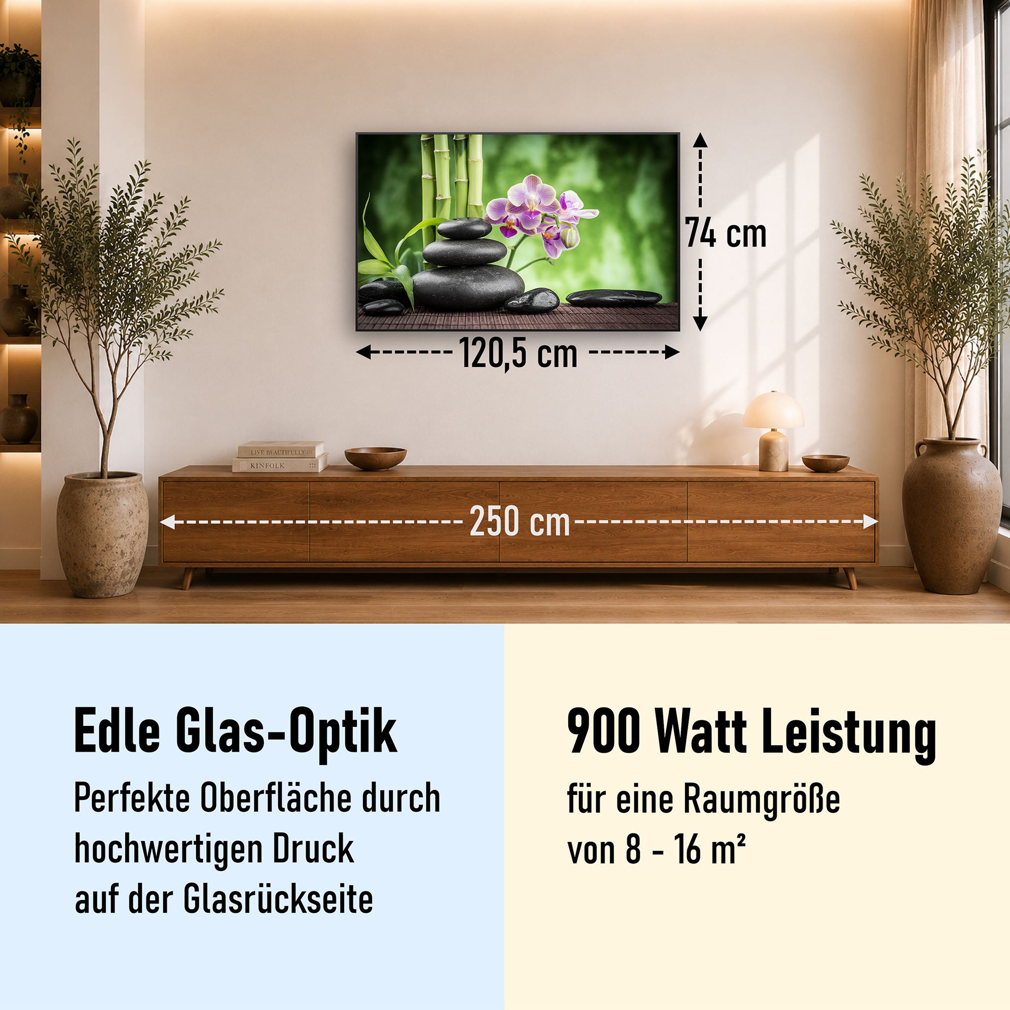 Glas Infrarotheizung 350-1200W Motiv 055 Zen Basaltsteinen