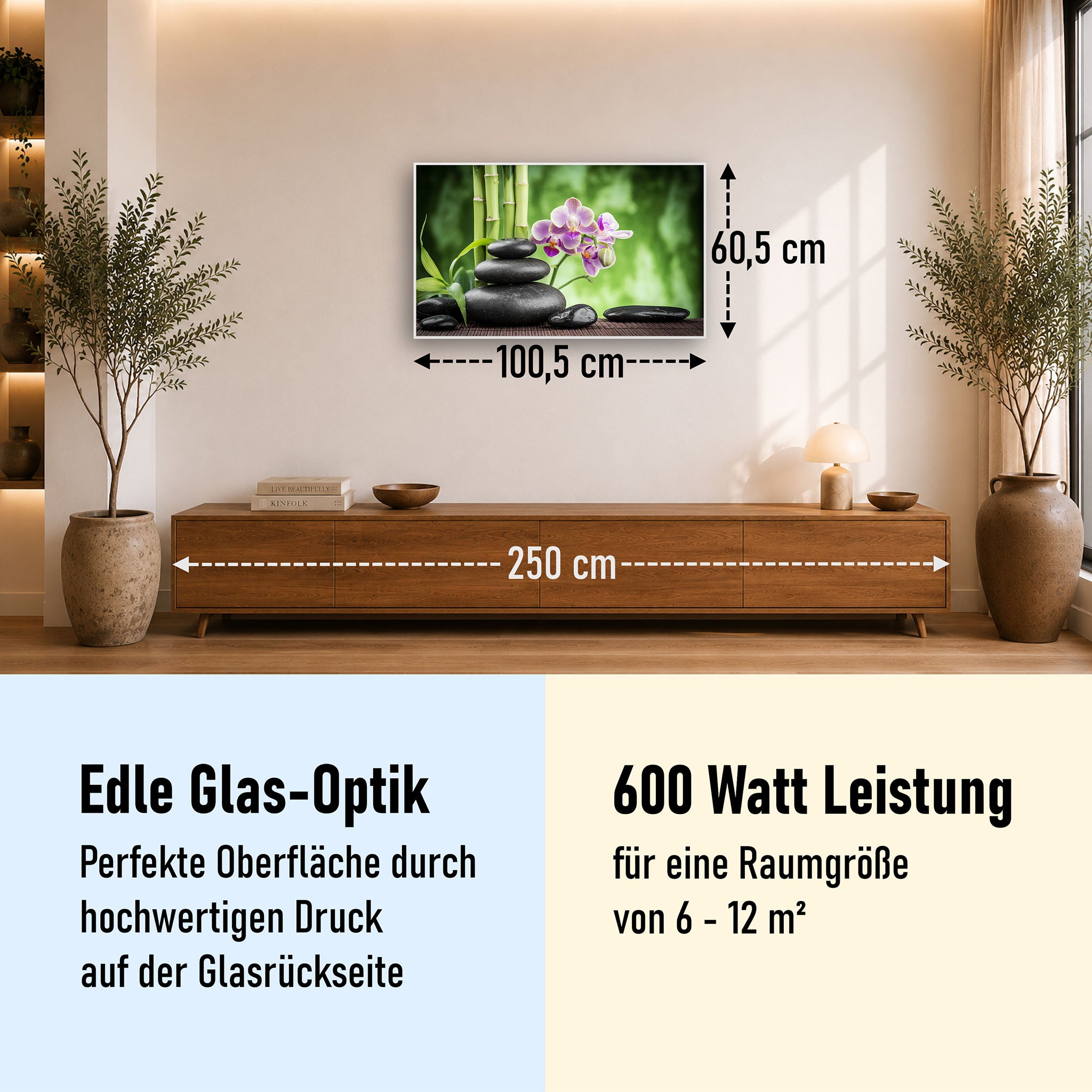 Glas Infrarotheizung 350-1200W Motiv 055 Zen Basaltsteinen