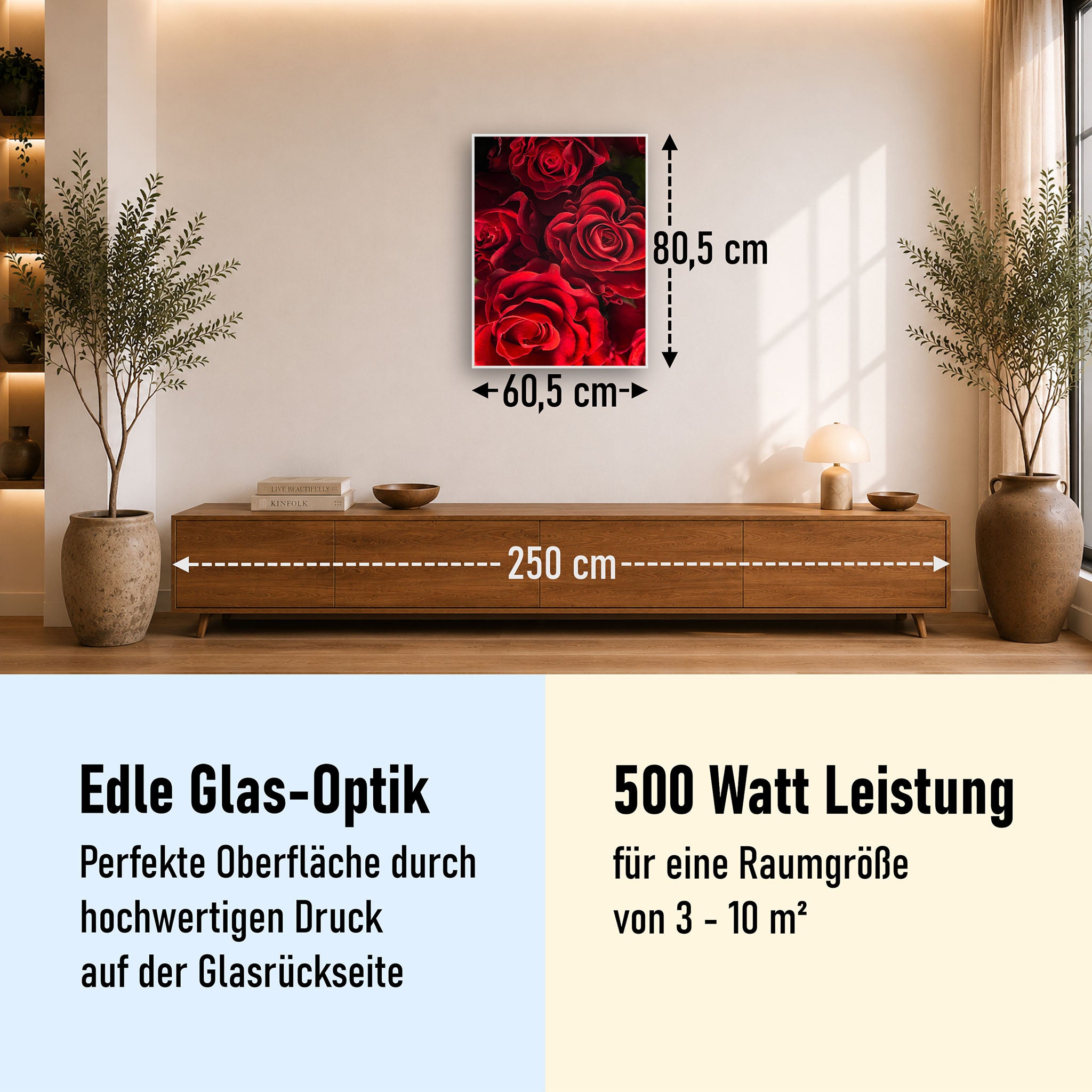 Glas Infrarotheizung 350-1200W Motiv 056H Rote Rosen