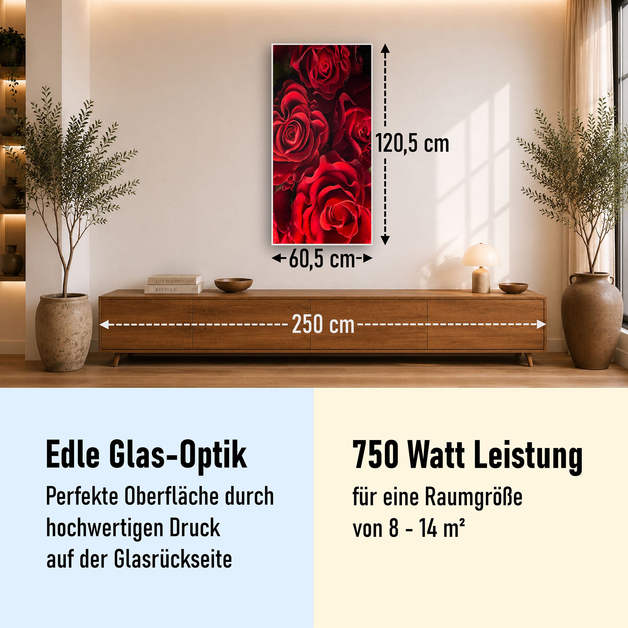Glas Infrarotheizung 350-1200W Motiv 056H Rote Rosen
