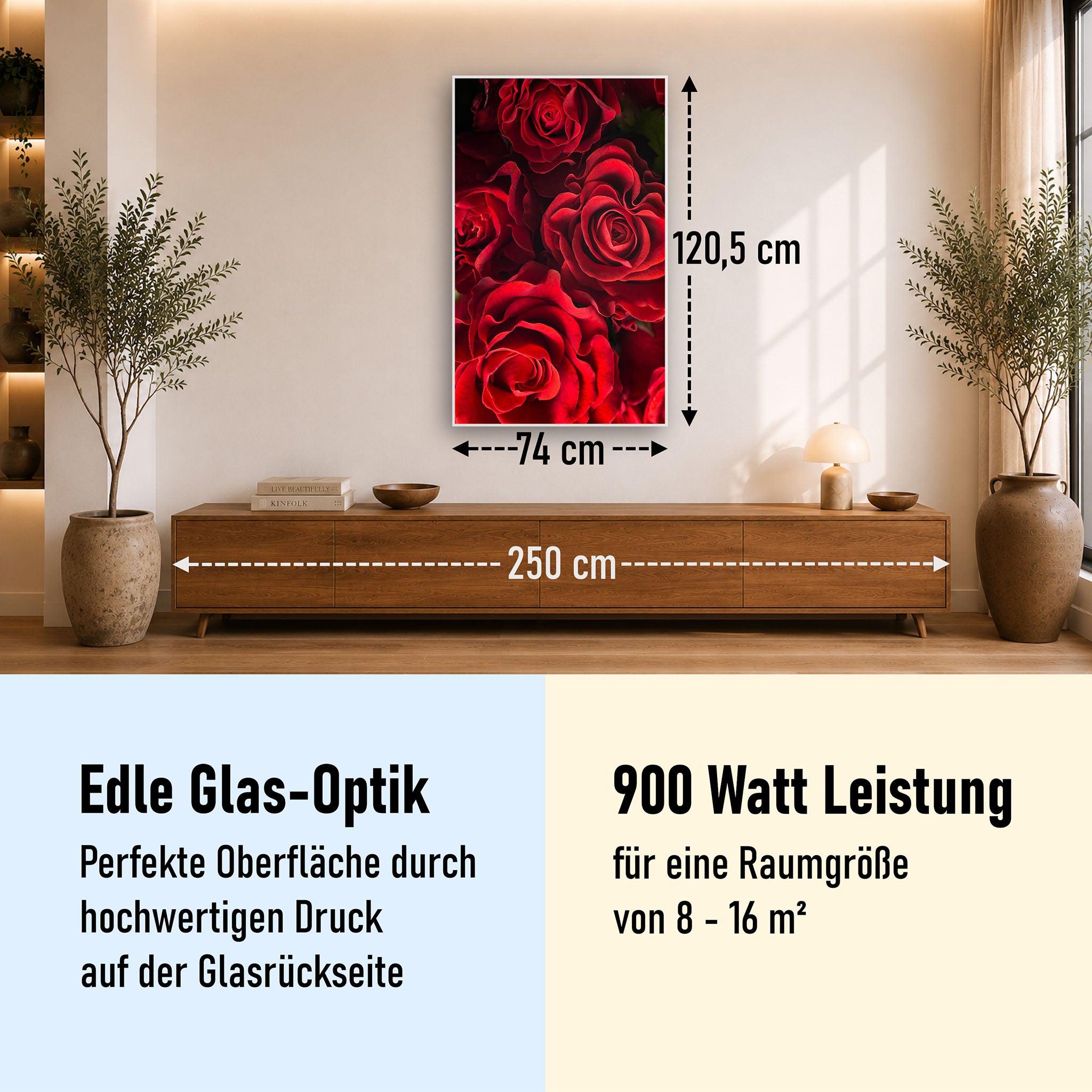 Glas Infrarotheizung 350-1200W Motiv 056H Rote Rosen