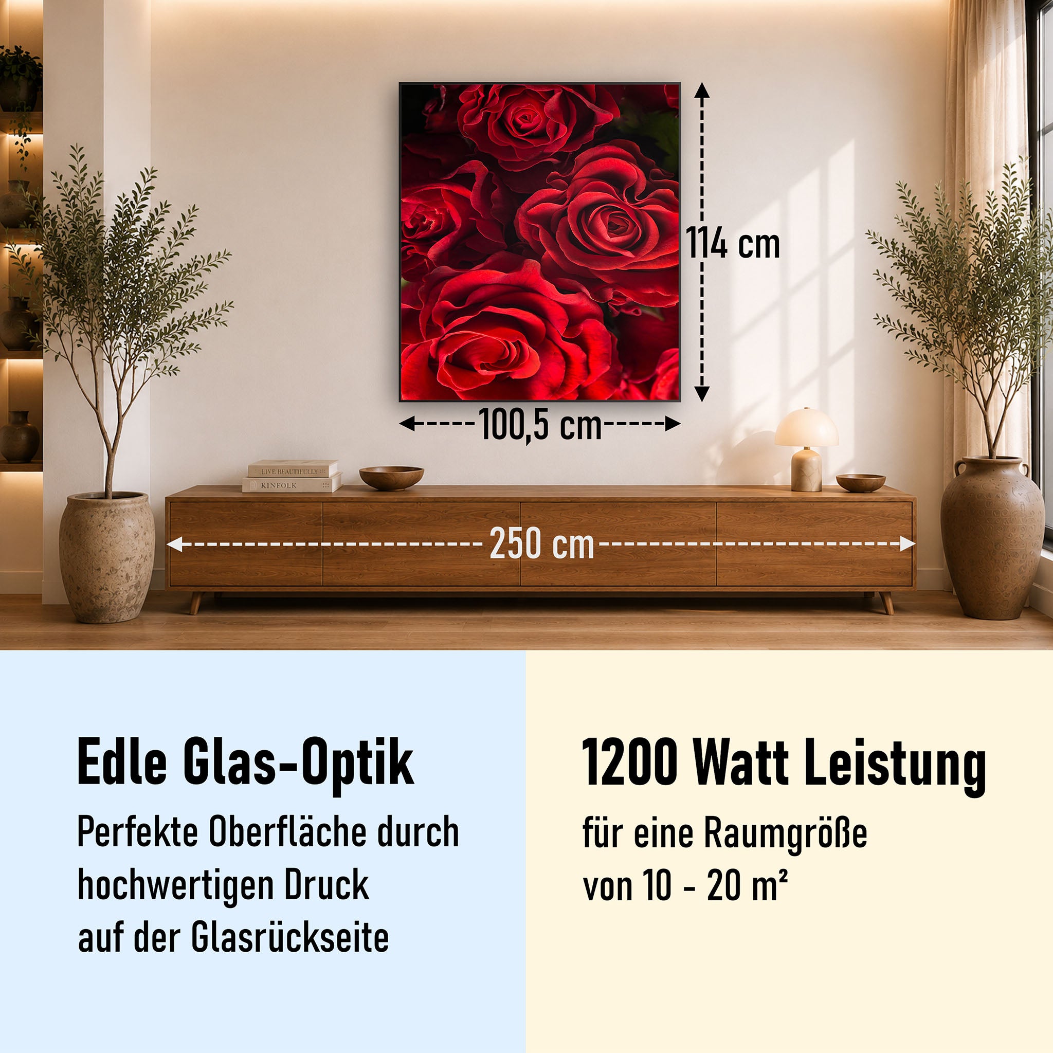 Glas Infrarotheizung 350-1200W Motiv 056H Rote Rosen