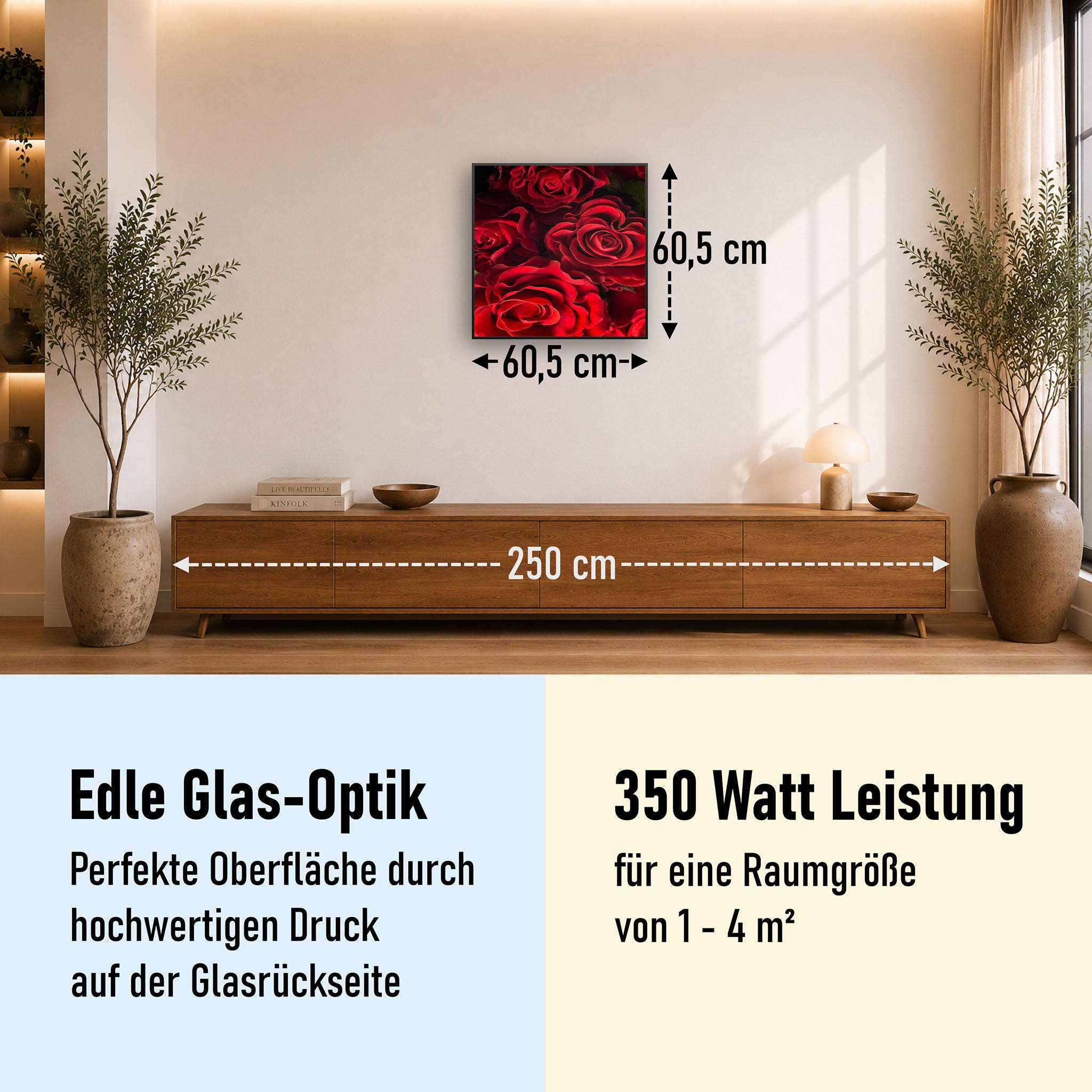 Glas Infrarotheizung 350-1200W Motiv 056H Rote Rosen