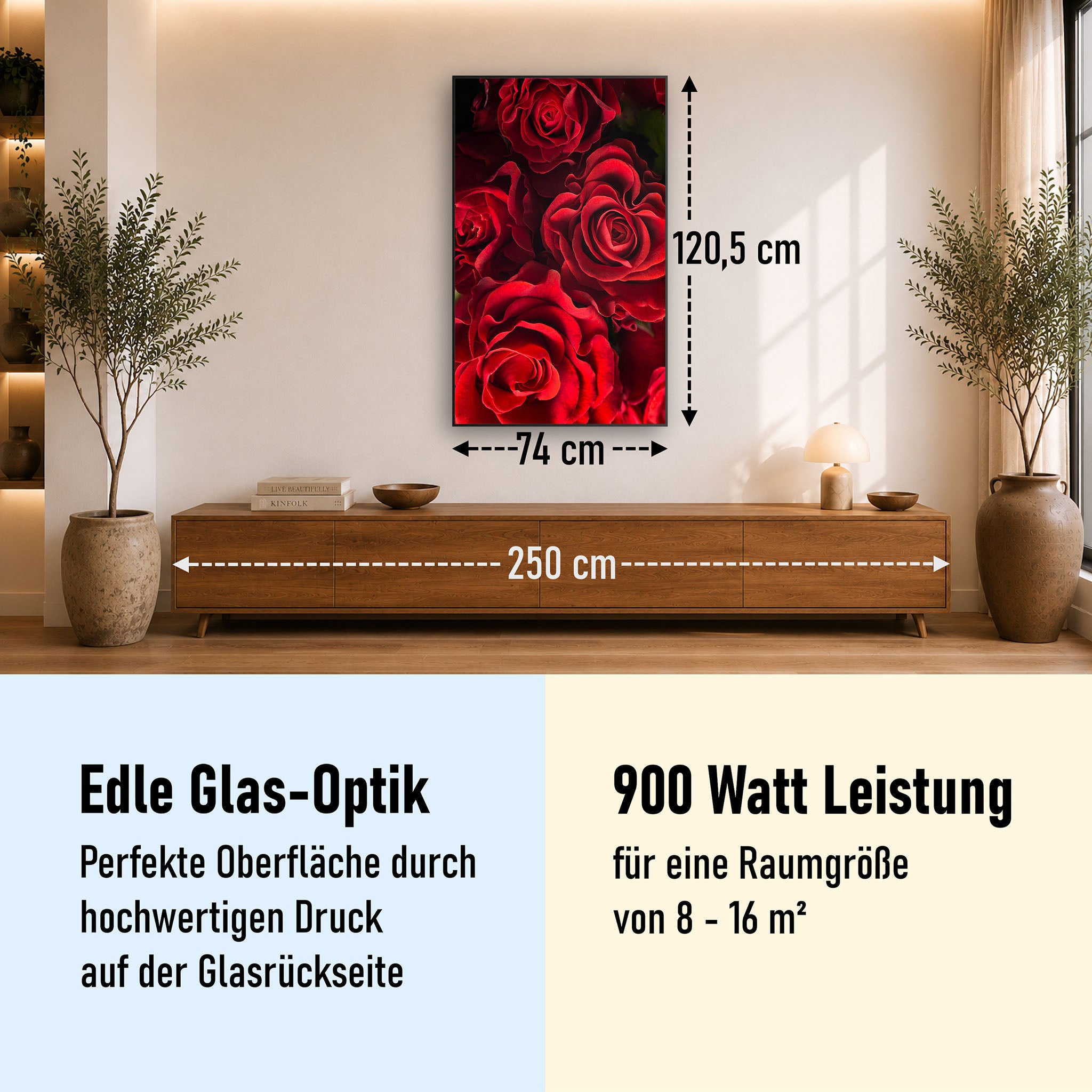 Glas Infrarotheizung 350-1200W Motiv 056H Rote Rosen