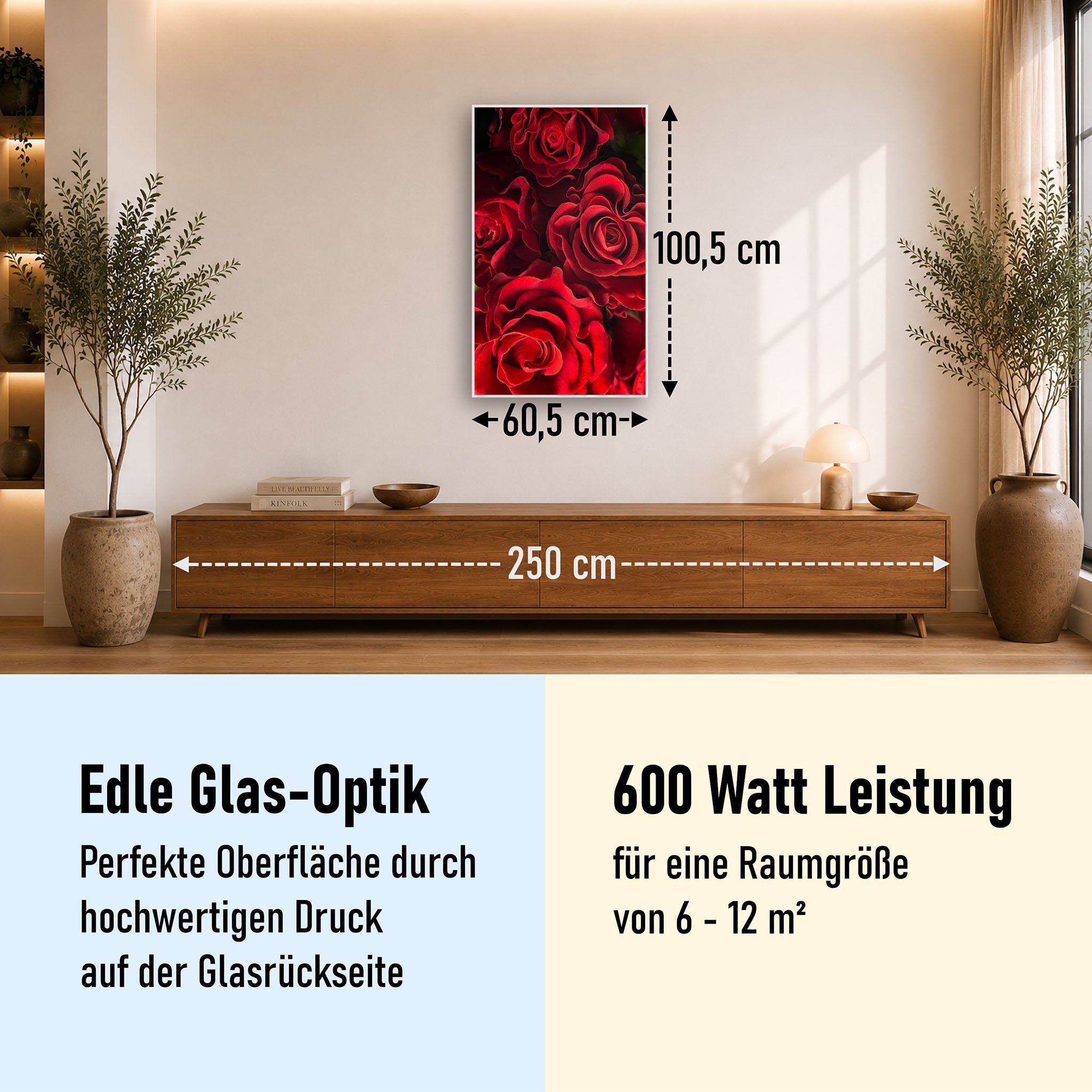 Glas Infrarotheizung 350-1200W Motiv 056H Rote Rosen