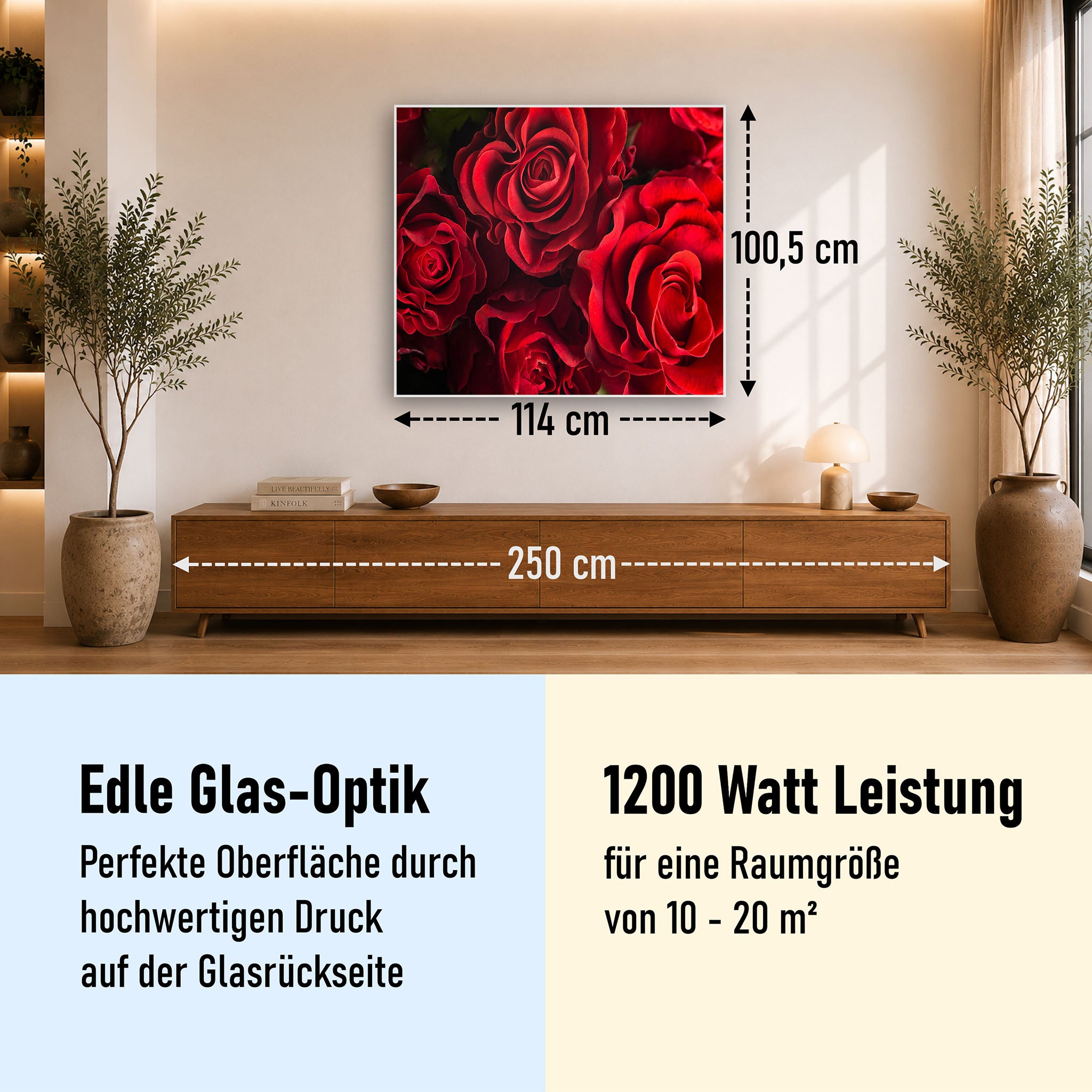 Glas Infrarotheizung 350-1200W Motiv 056 Rote Rosen