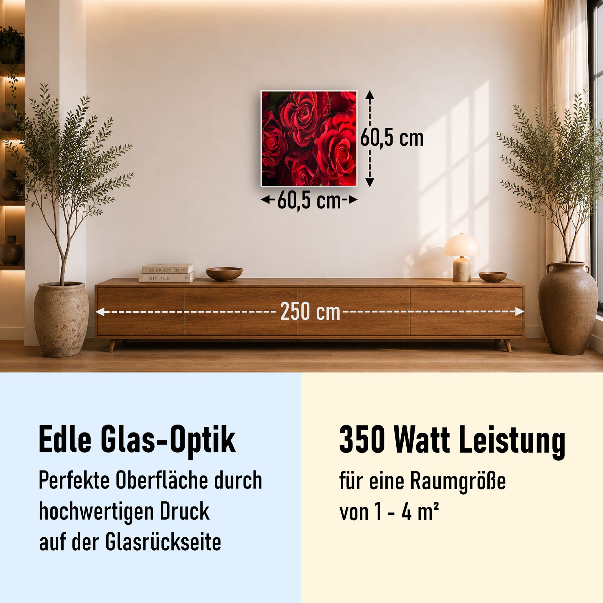 Glas Infrarotheizung 350-1200W Motiv 056 Rote Rosen