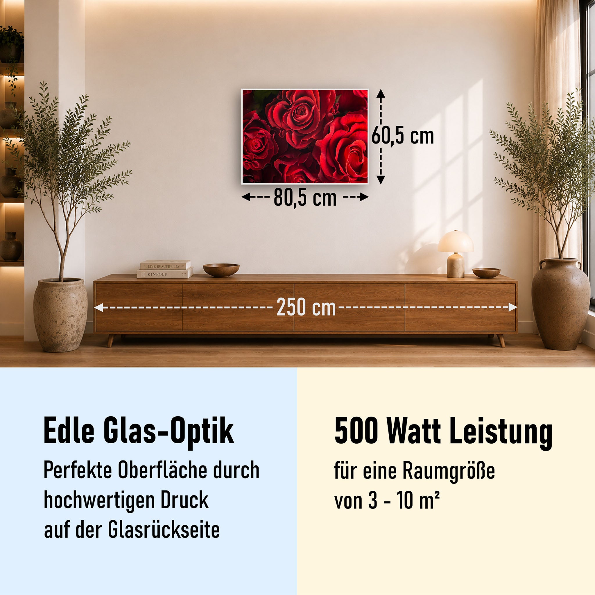 Glas Infrarotheizung 350-1200W Motiv 056 Rote Rosen