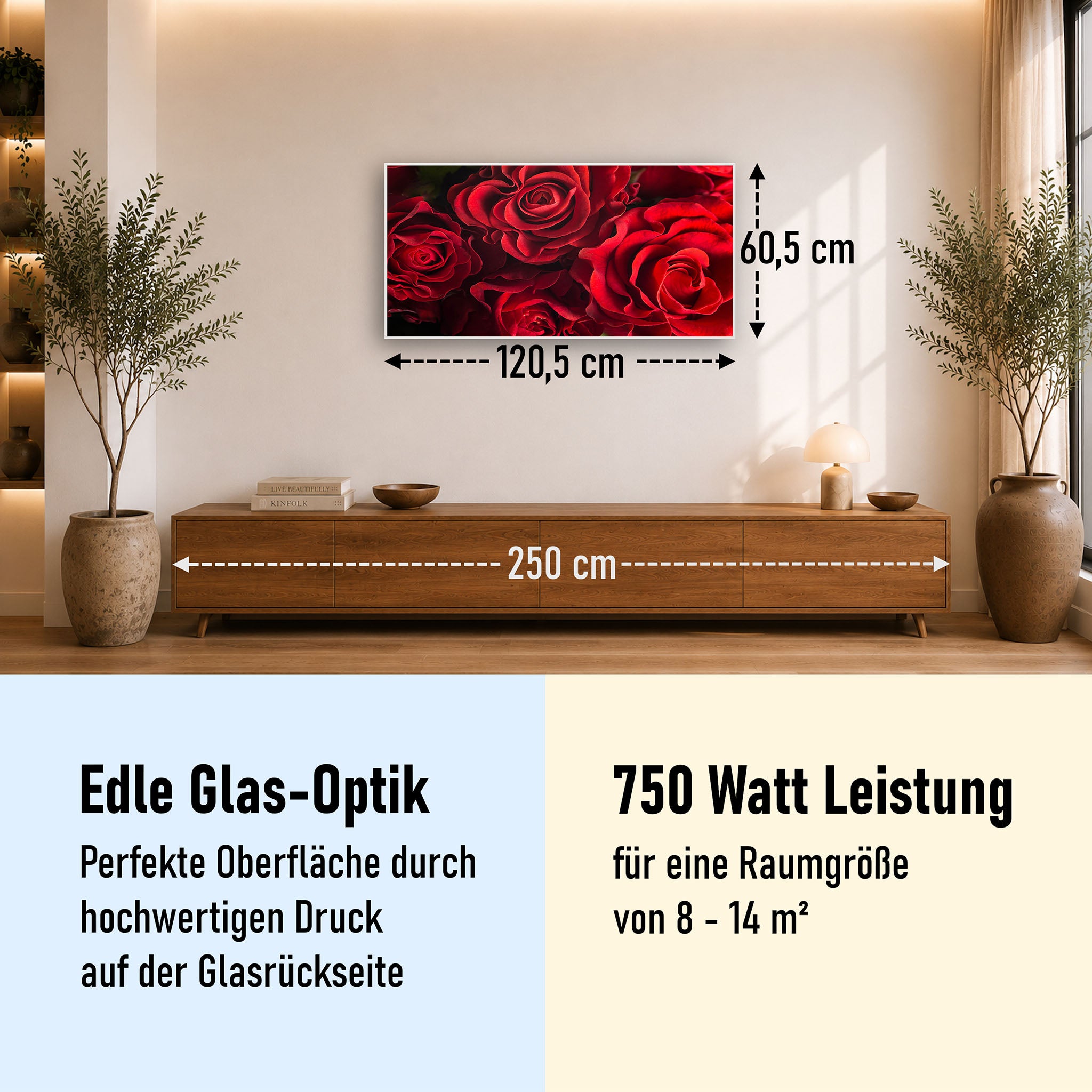 Glas Infrarotheizung 350-1200W Motiv 056 Rote Rosen
