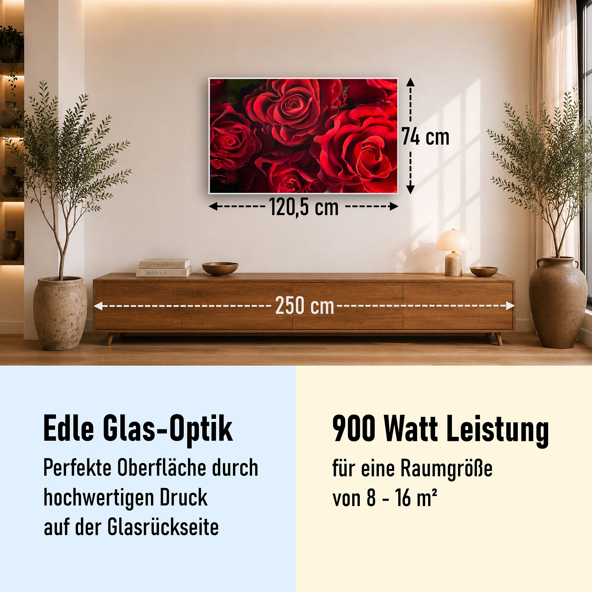 Glas Infrarotheizung 350-1200W Motiv 056 Rote Rosen