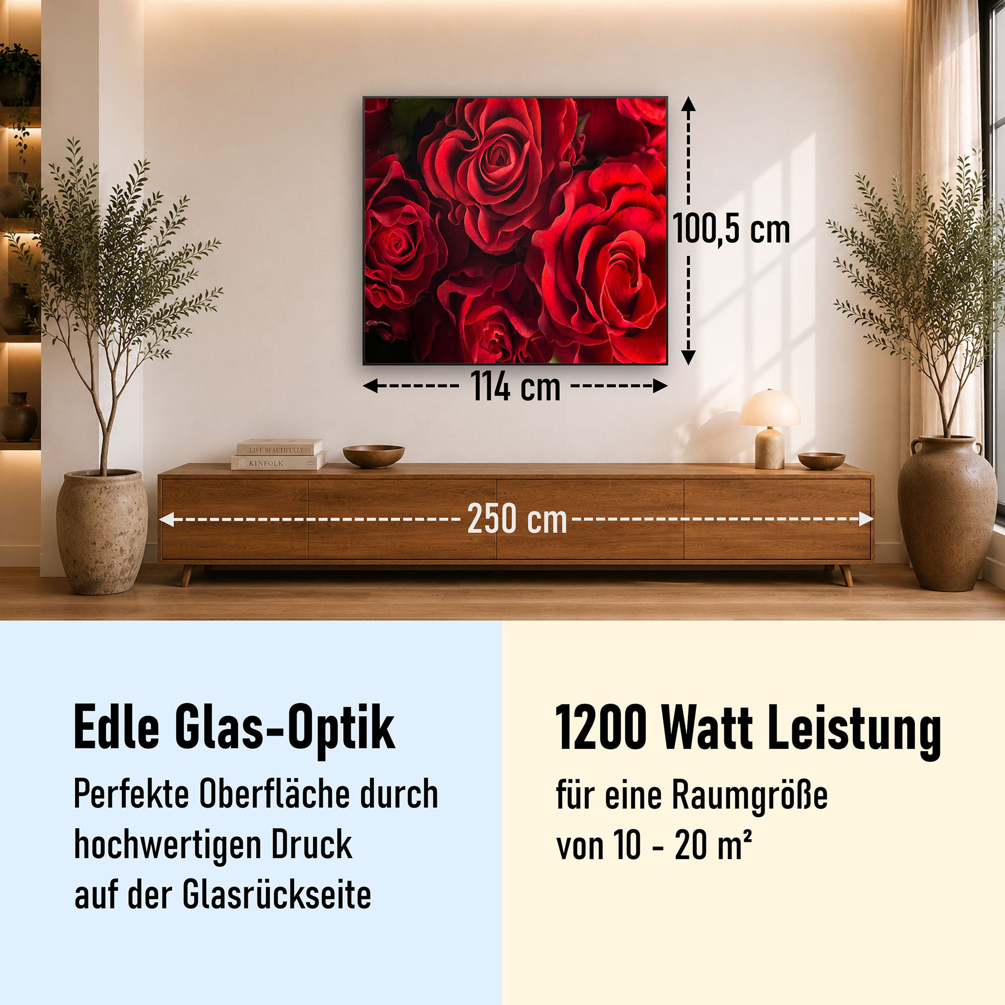 Glas Infrarotheizung 350-1200W Motiv 056 Rote Rosen