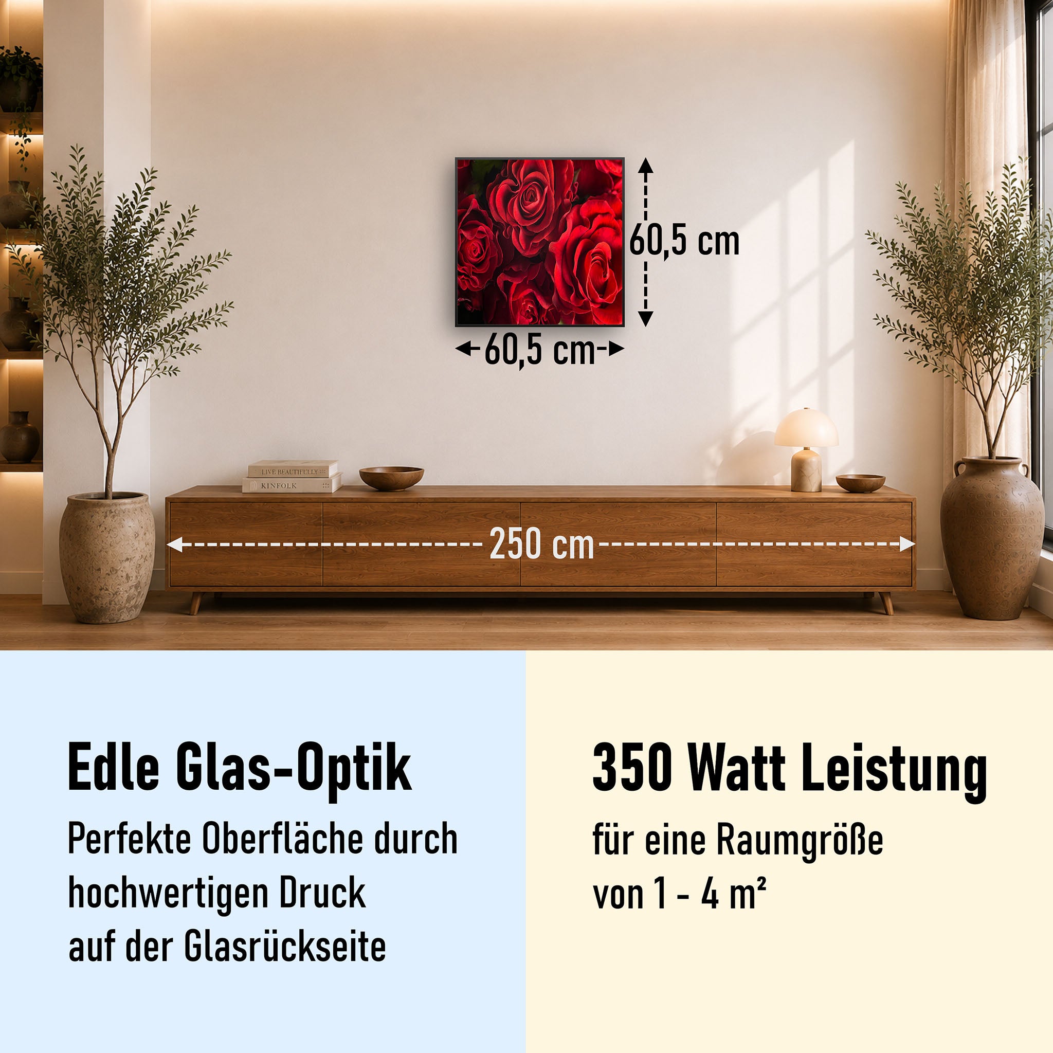 Glas Infrarotheizung 350-1200W Motiv 056 Rote Rosen